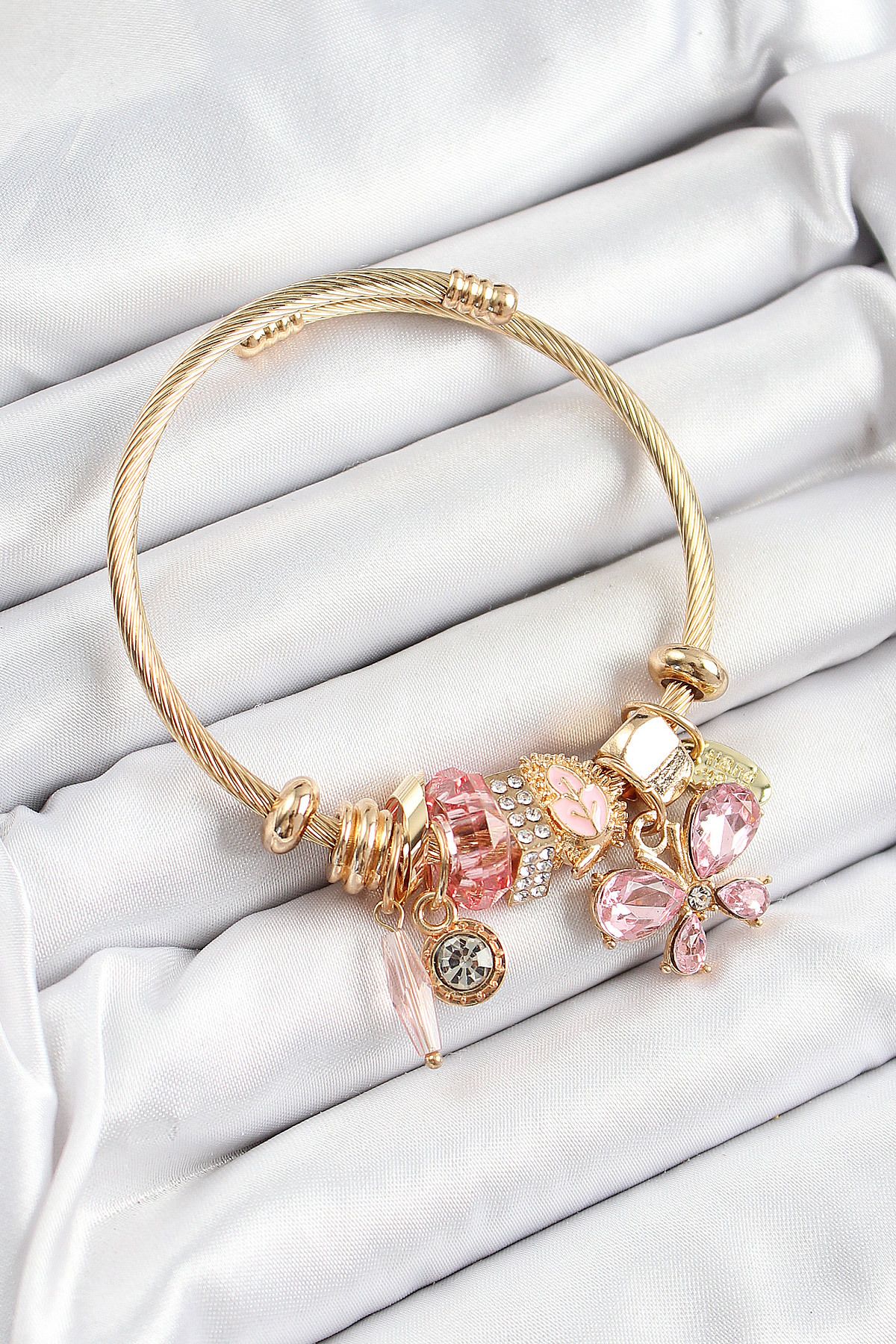 Clariss 316L Çelik Pembe Zirkon Taşlı Kelebek Model Gold Renk Charm Bileklik