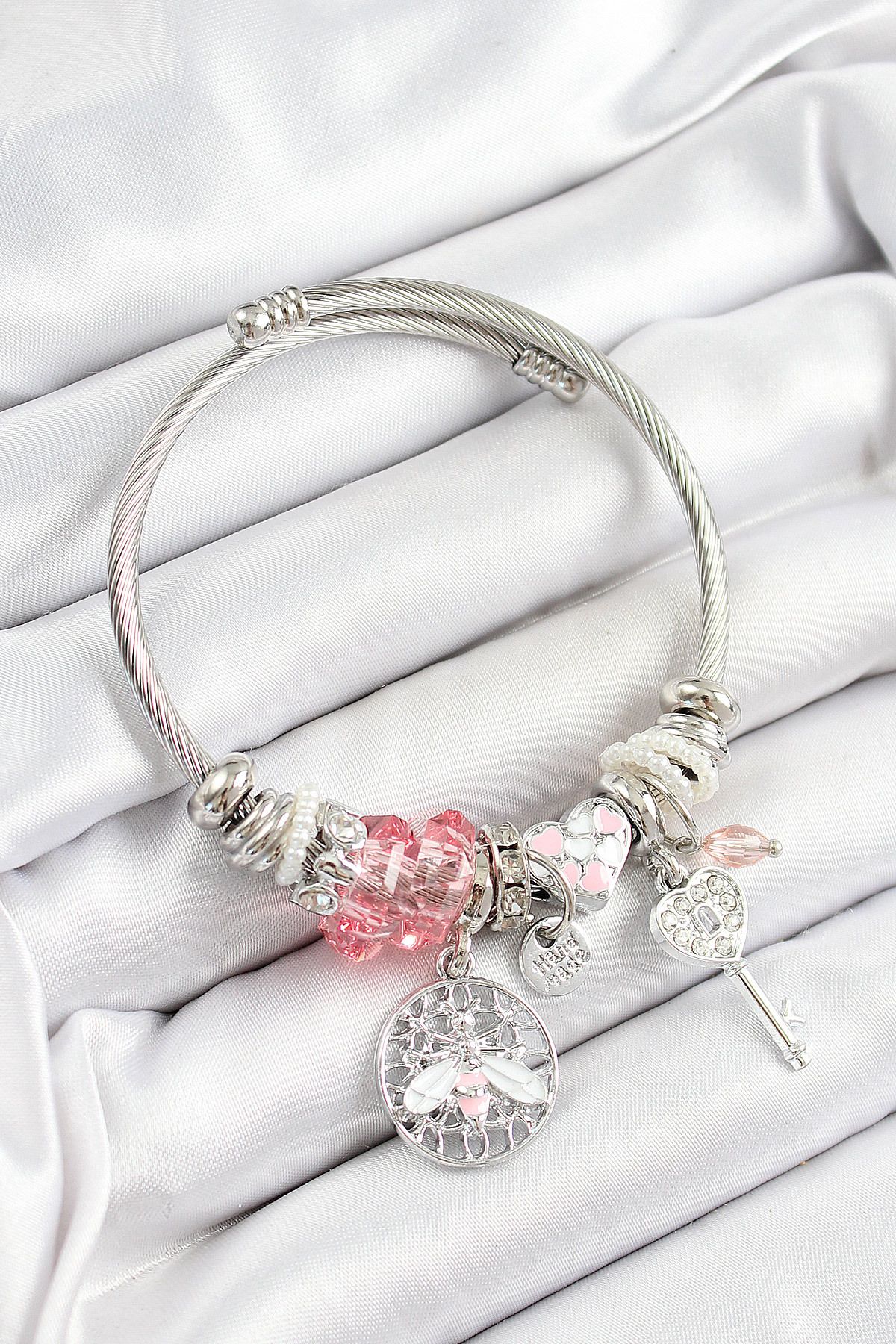 Clariss 316L Çelik Pembe Zirkon Taşlı Baykuş Arı Ve Anahtar Model Gümüş Renk Charm Bileklik