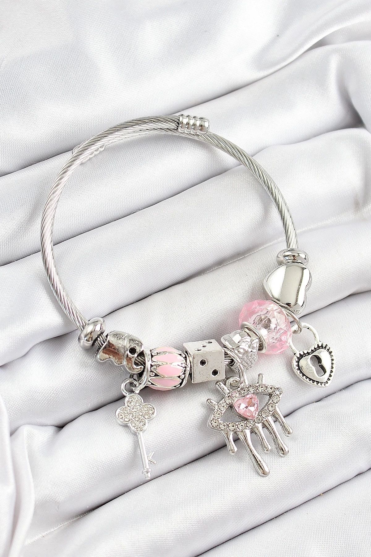 GLIMMERY 316L Çelik Pembe Zirkon Taşlı Göz Kilit Ve Anahtar Model Gümüş Renk Charm Bileklik