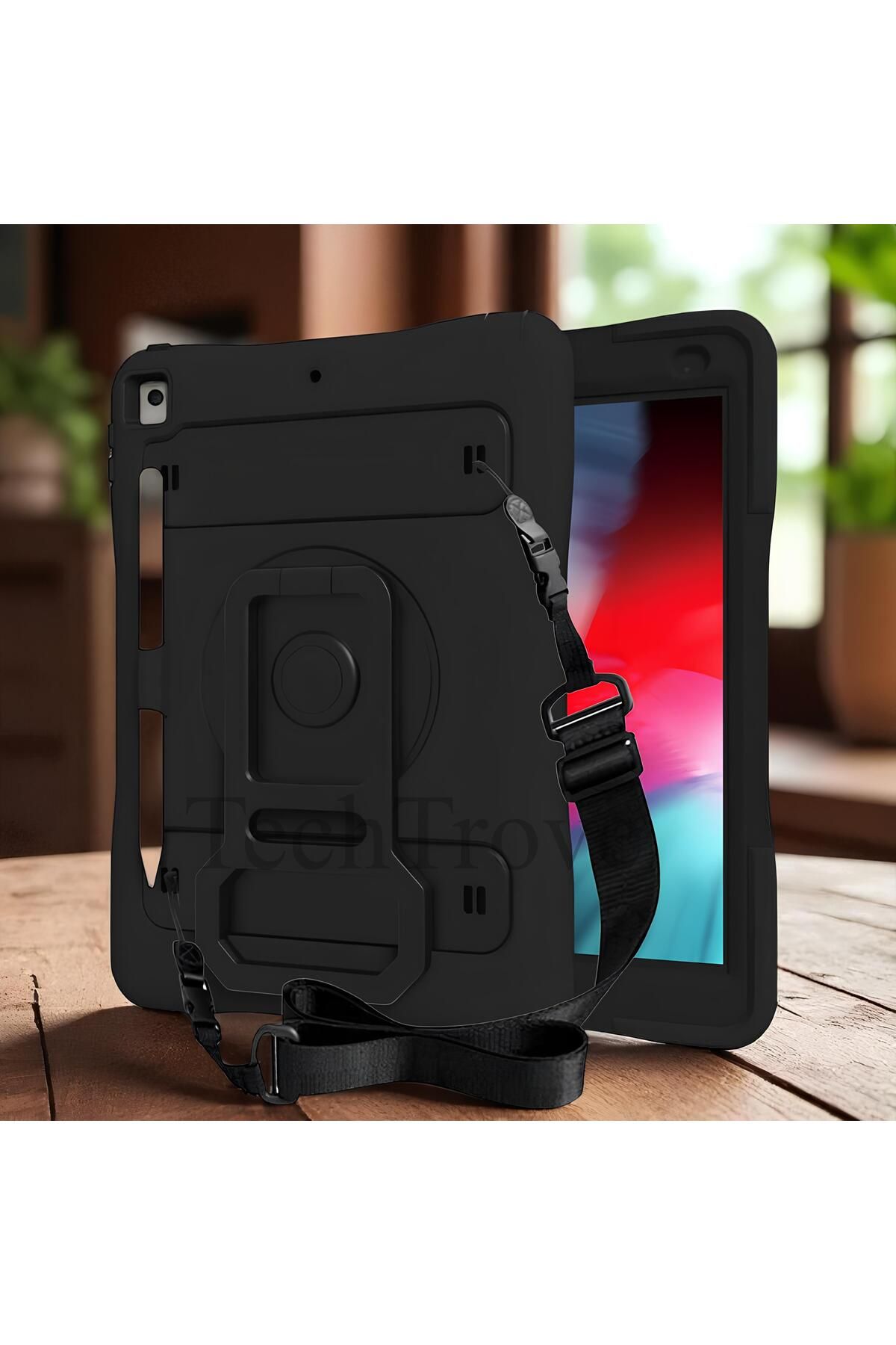 TechTrove Apple iPad 10.2 2021 (9.Nesil) Kılıf Kalem Bölmeli Maksimum Korumalı Askılı El Tutamaçlı Kılıf