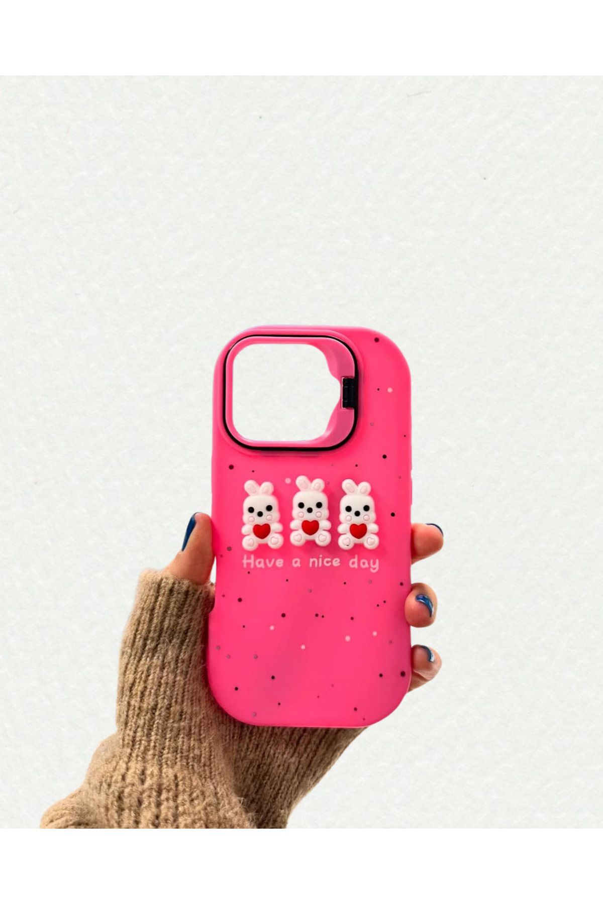 EgoTech iPhone 15 Pro Max Uyumlu Have a Nice Day 3D Bunny Desenli Pembe Silikon Telefon Kılıfı