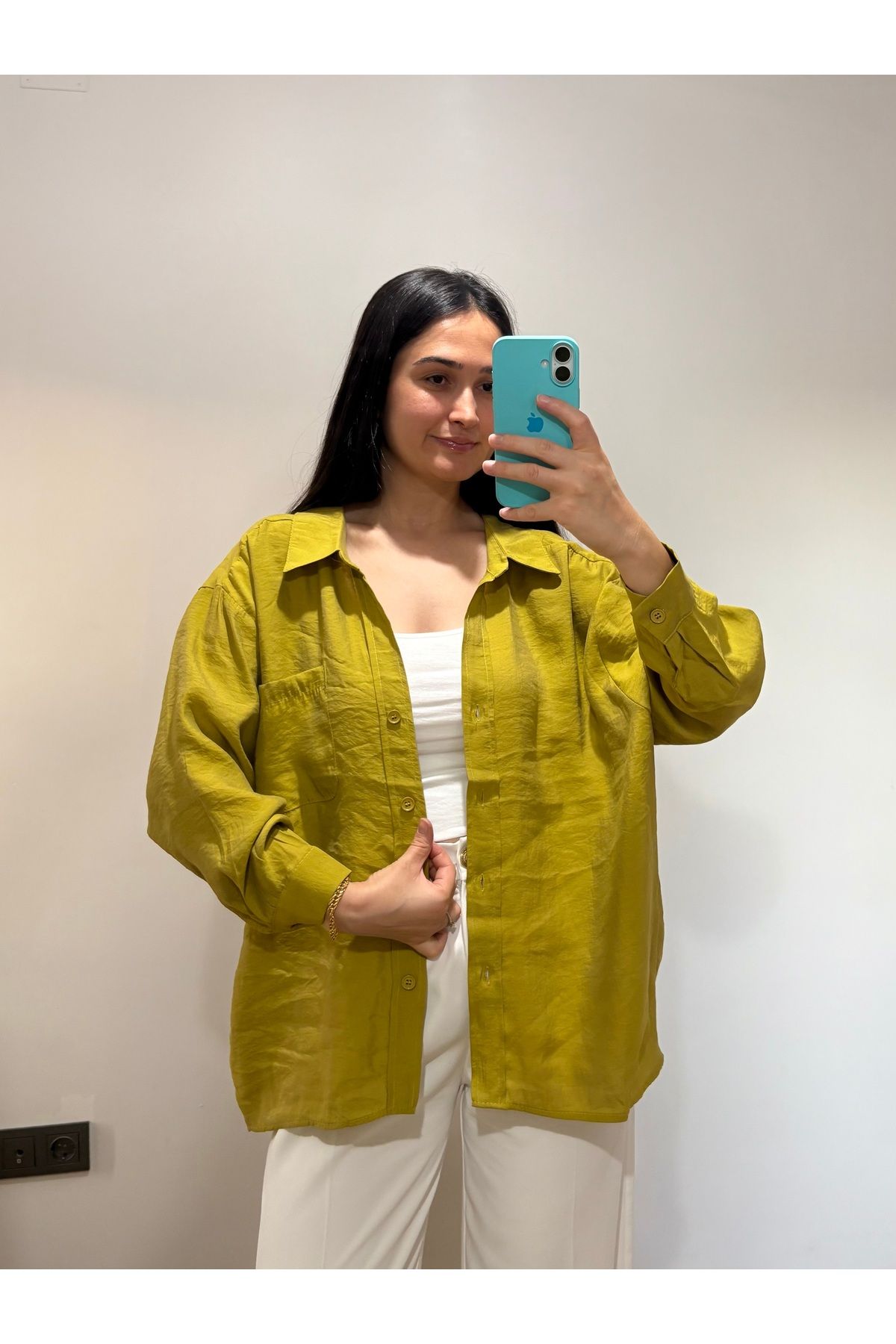 fikoşş Kadın Oversize Düşük Omuz Yağ Yeşil Gömlek