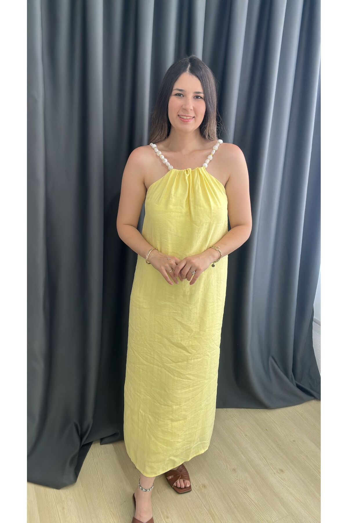 Butik Kadın İp Askılı Uzun Elbise
