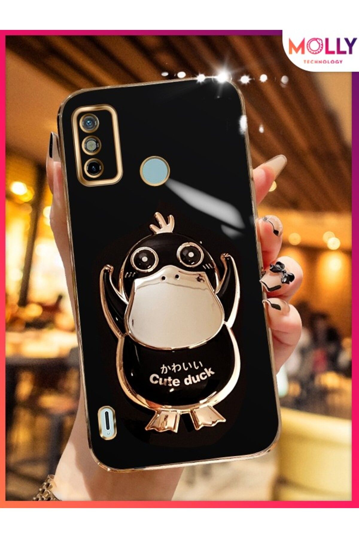 Molly TECNO SPARK 6 GO İçin Siyah Sevimli Ördek Standlı Kenarları Gold Detaylı Lüks Silikon Kılıf