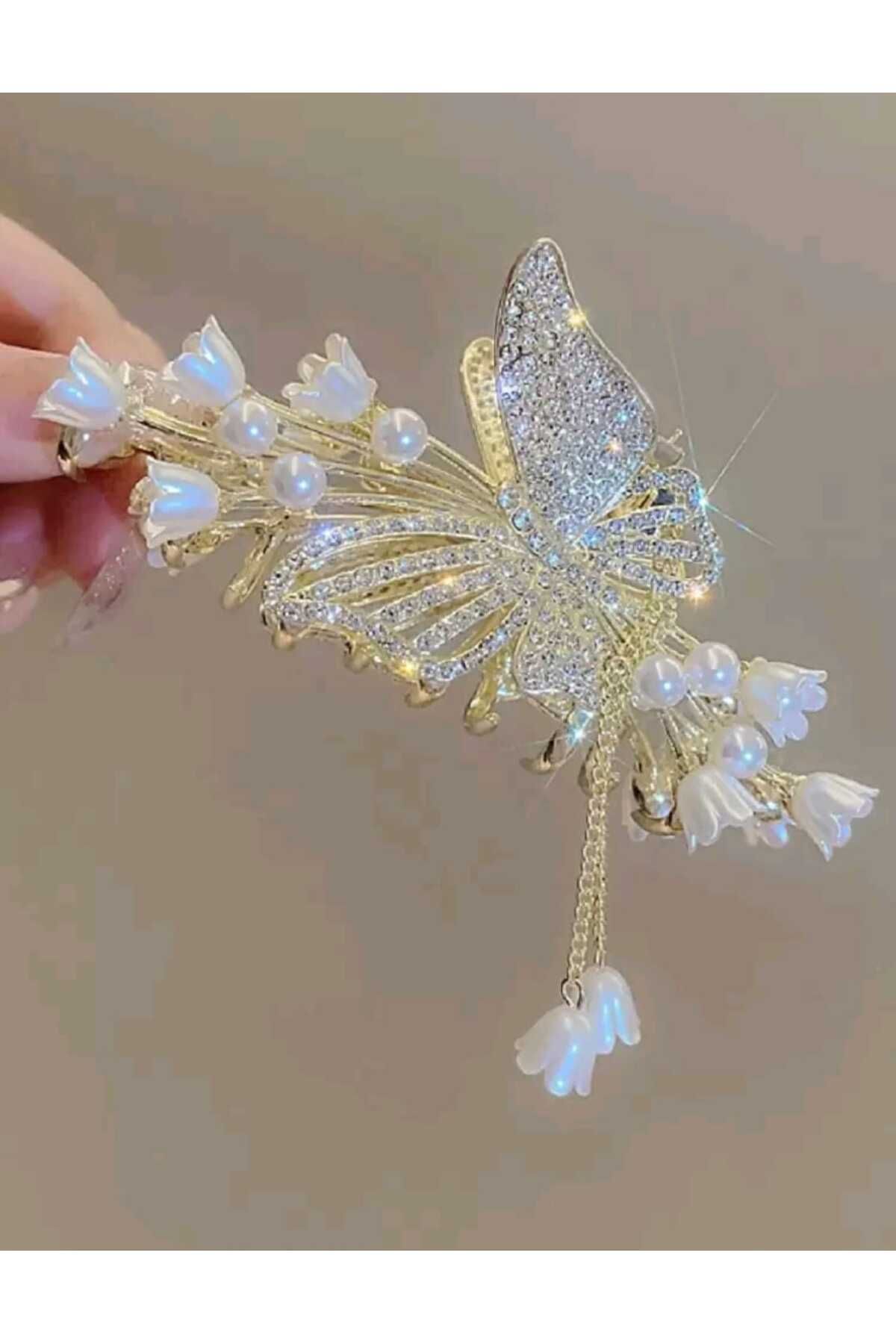 JHTshop Kızlar için Çok Havalı İnci Taşlı Çiçek Kelebek Toka Yüksek Kaliteli Peri Kızı Büyük Saç Tokası