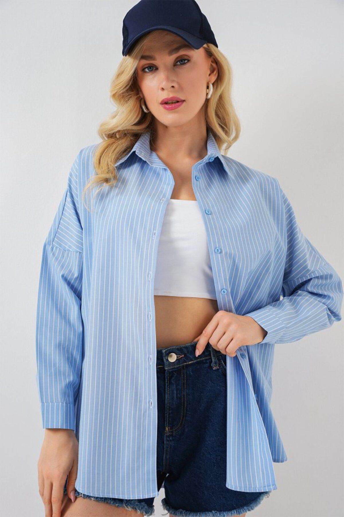 ETİLER COLLECTION Çizgili Oversize Gömlek 20332 - C.Mavi