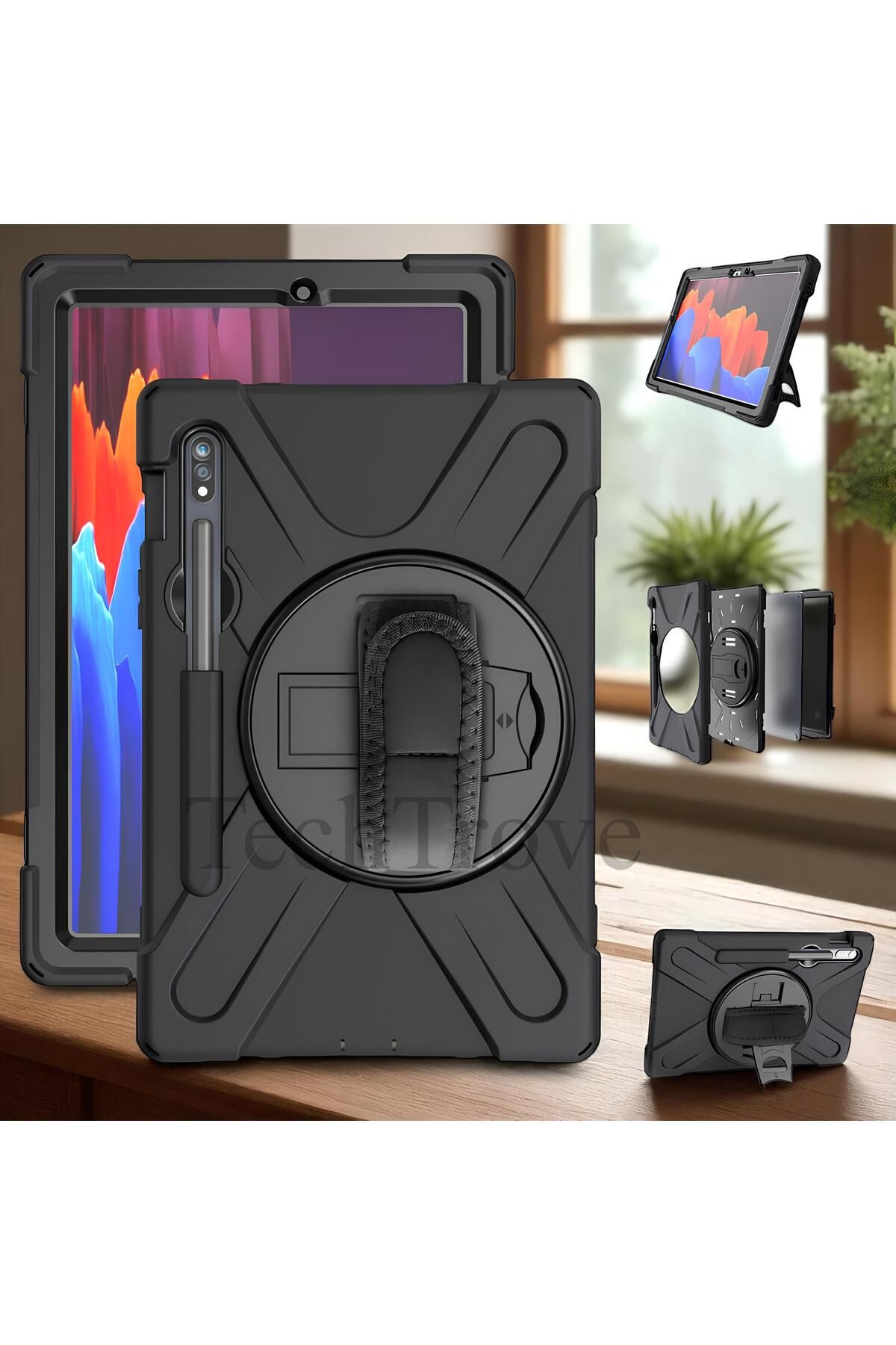 TechTrove Galaxy Tab S7 Plus T970 Kılıf Kılıf Maksimum Korumalı Askılı El Tutamaçlı Kılıf