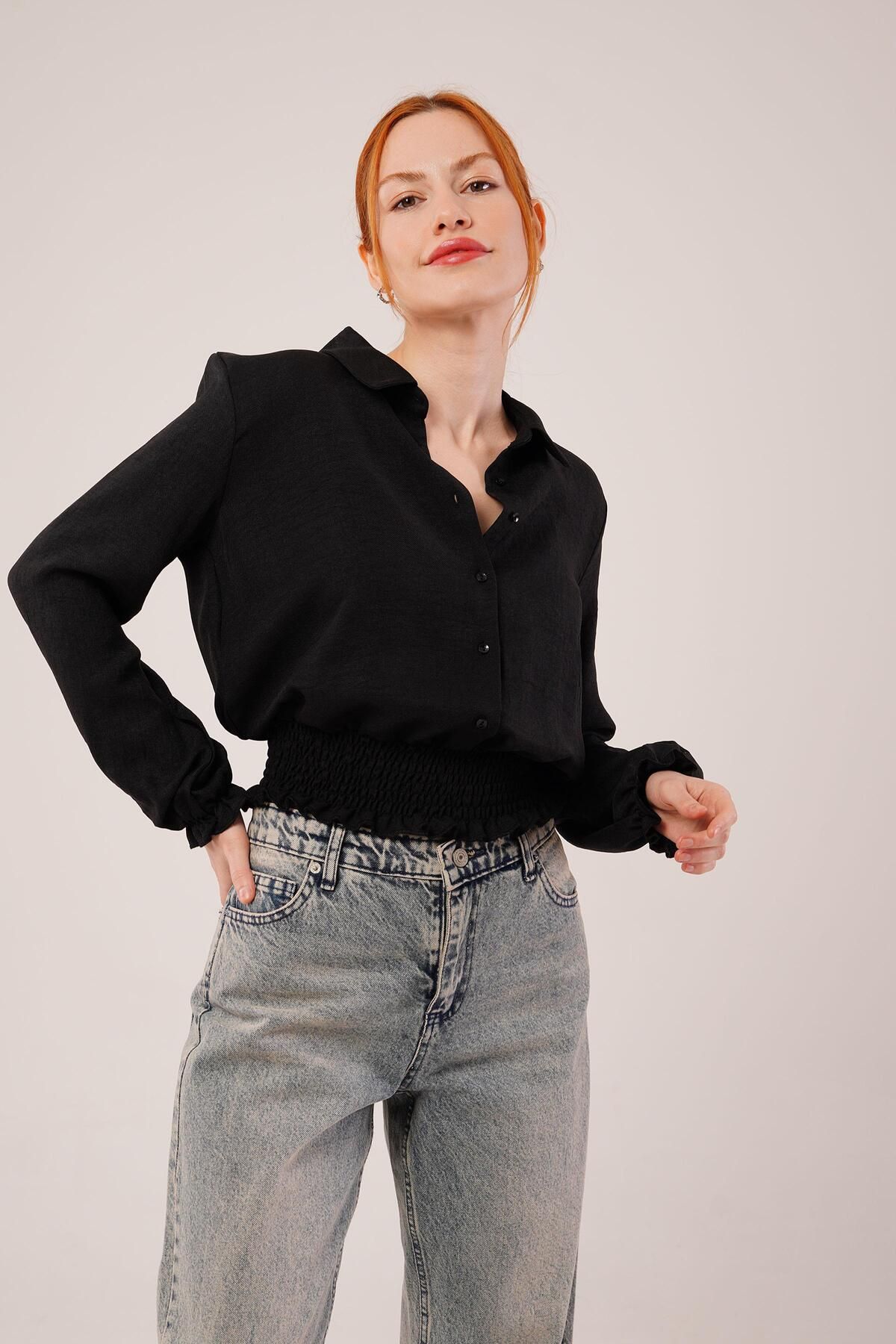 ETİLER COLLECTION Bel Ve Bilek Lastikli Siyah Bluz