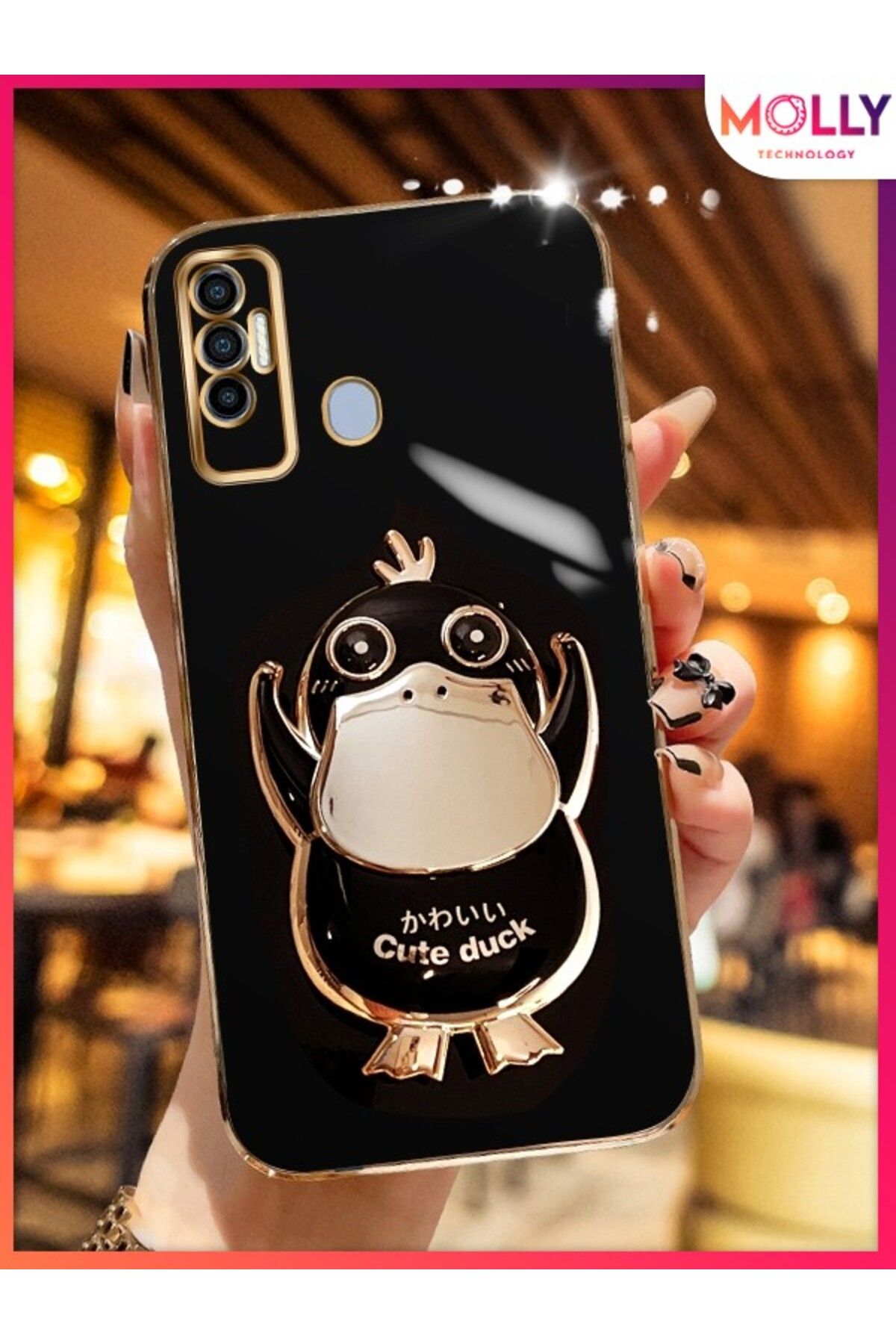 Molly TECNO SPARK 7 PRO İçin Siyah Sevimli Ördek Standlı Kenarları Gold Detaylı Lüks Silikon Kılıf