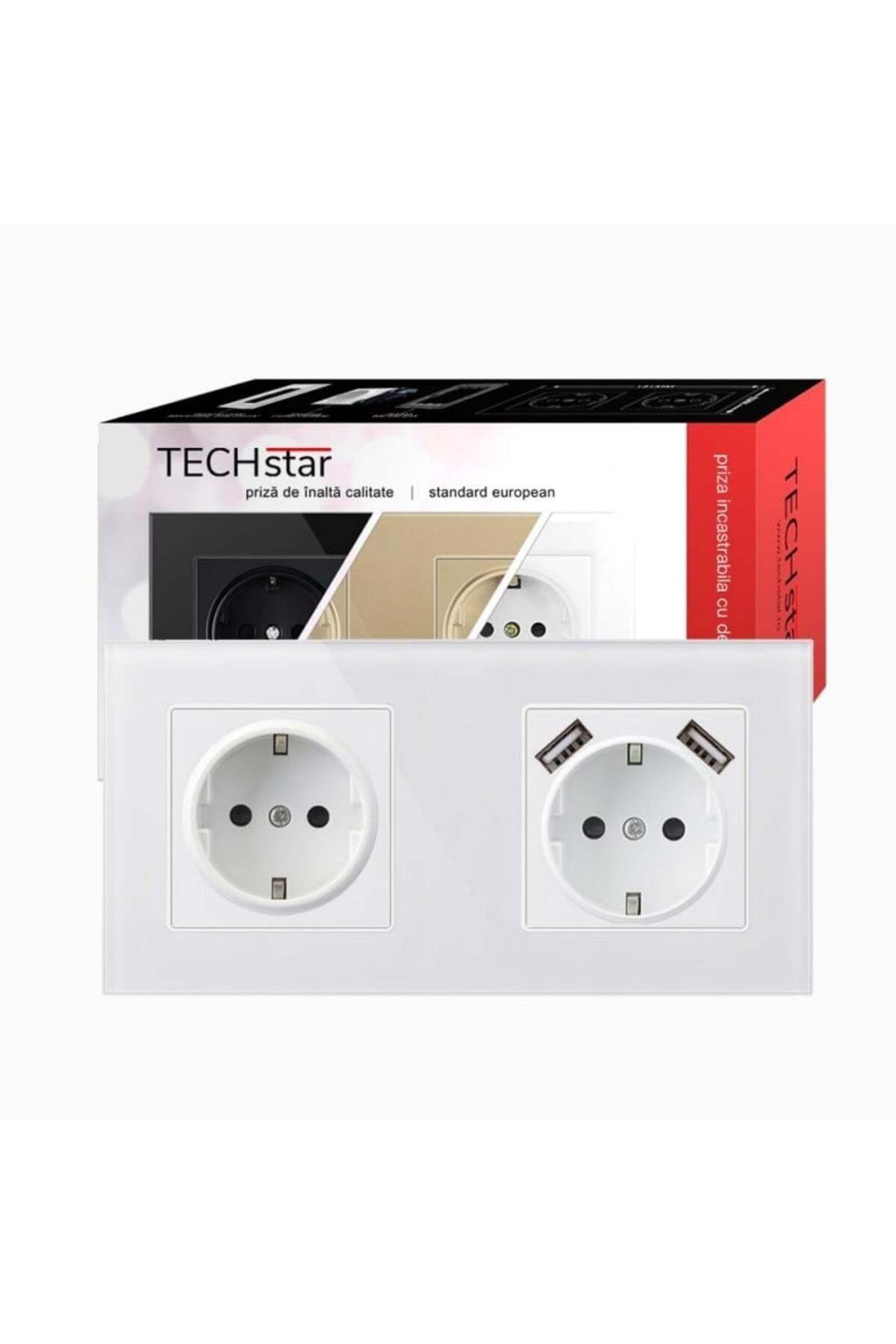 TECHSTAR-® Crystal Tsu2 Socket, Double, 2 X Usb, 2.1 A, Frost White Color, Tempered Glass, 16a 3