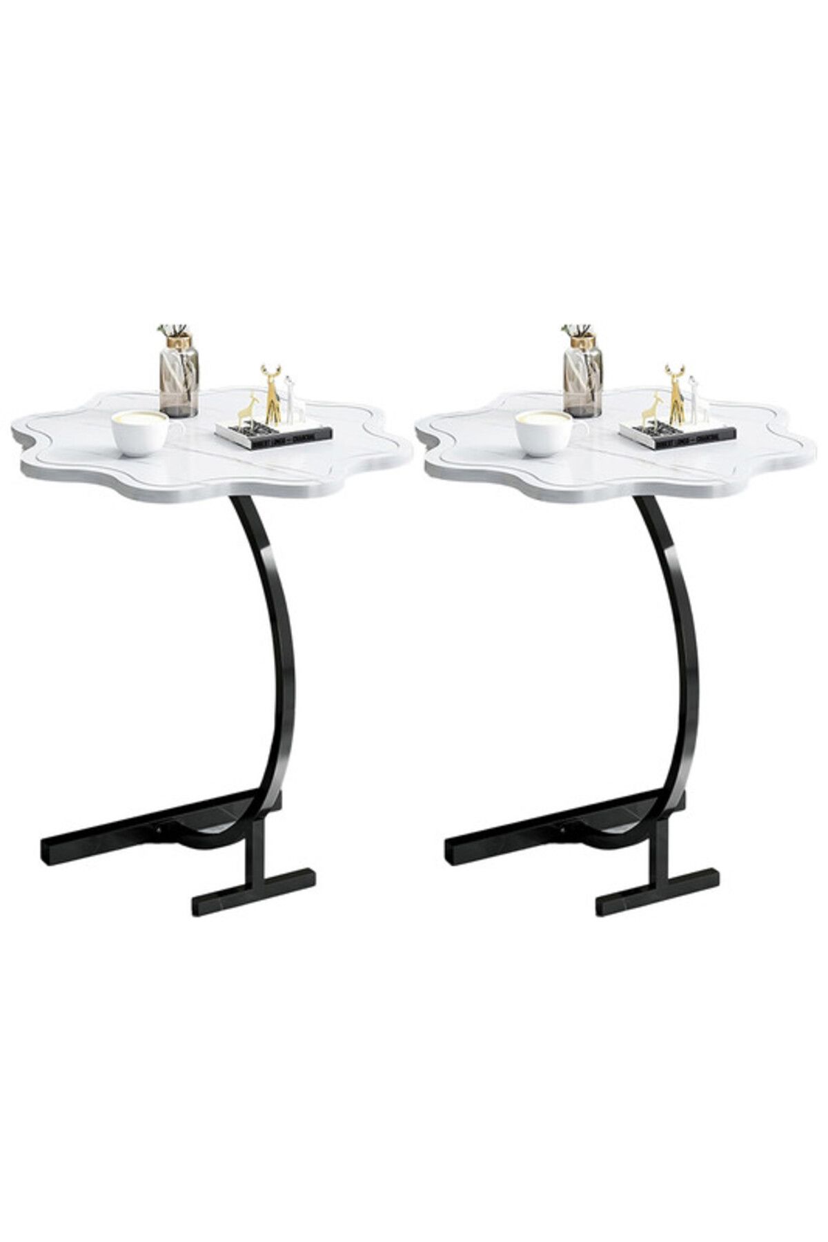 Generic-2-Pieces Modern Coffee Table C-Shaped Side Table with Wood Top in Flower Shape and Metal Frame White 1