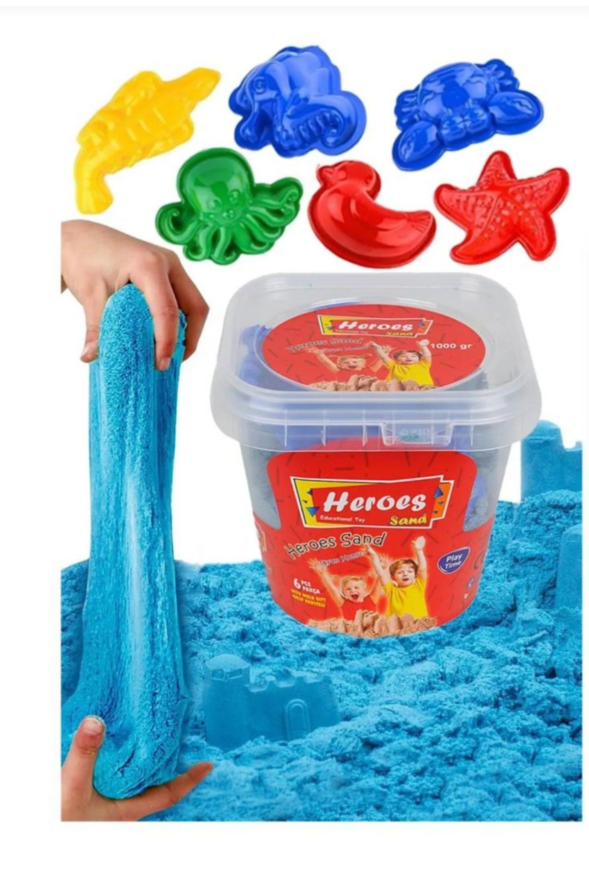 Hermossa Kinetik Kum 500 gr, 6'li Oyun Kalıbı Doğal Kimetik Kum Mavi