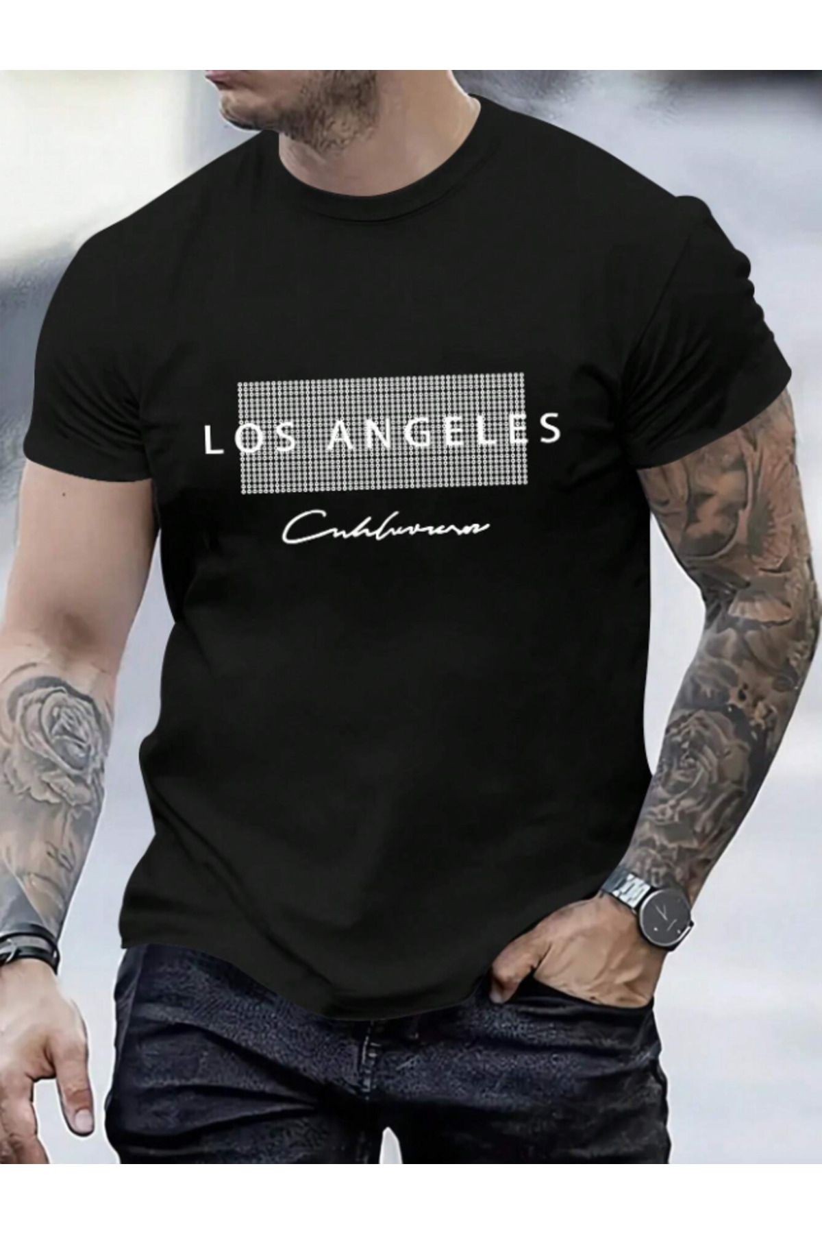Framgan Erkek LOS ANGELES Özel Baskılı Günlük Kısa Kol Bisiklet Yaka T-Shirt