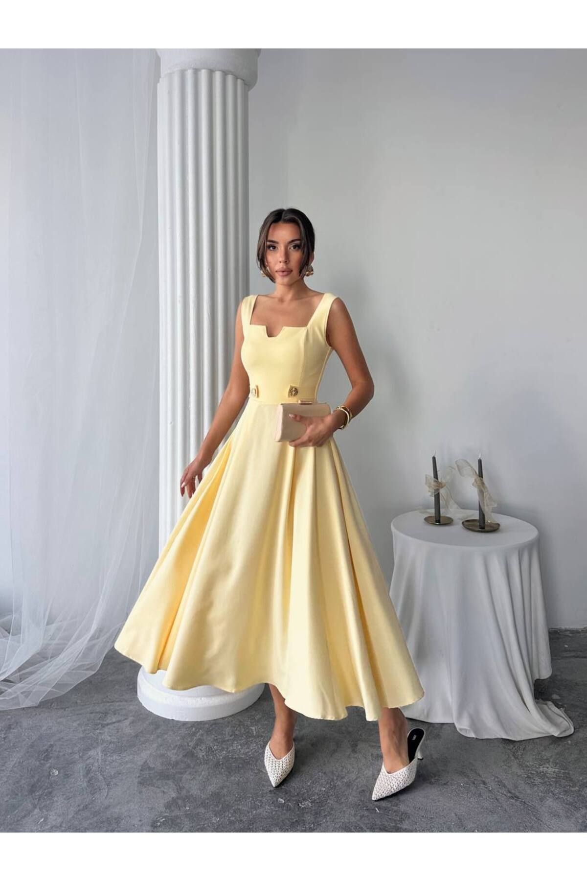 conconmoda Ayvel Atlas Düğme Detay Midi Elbise