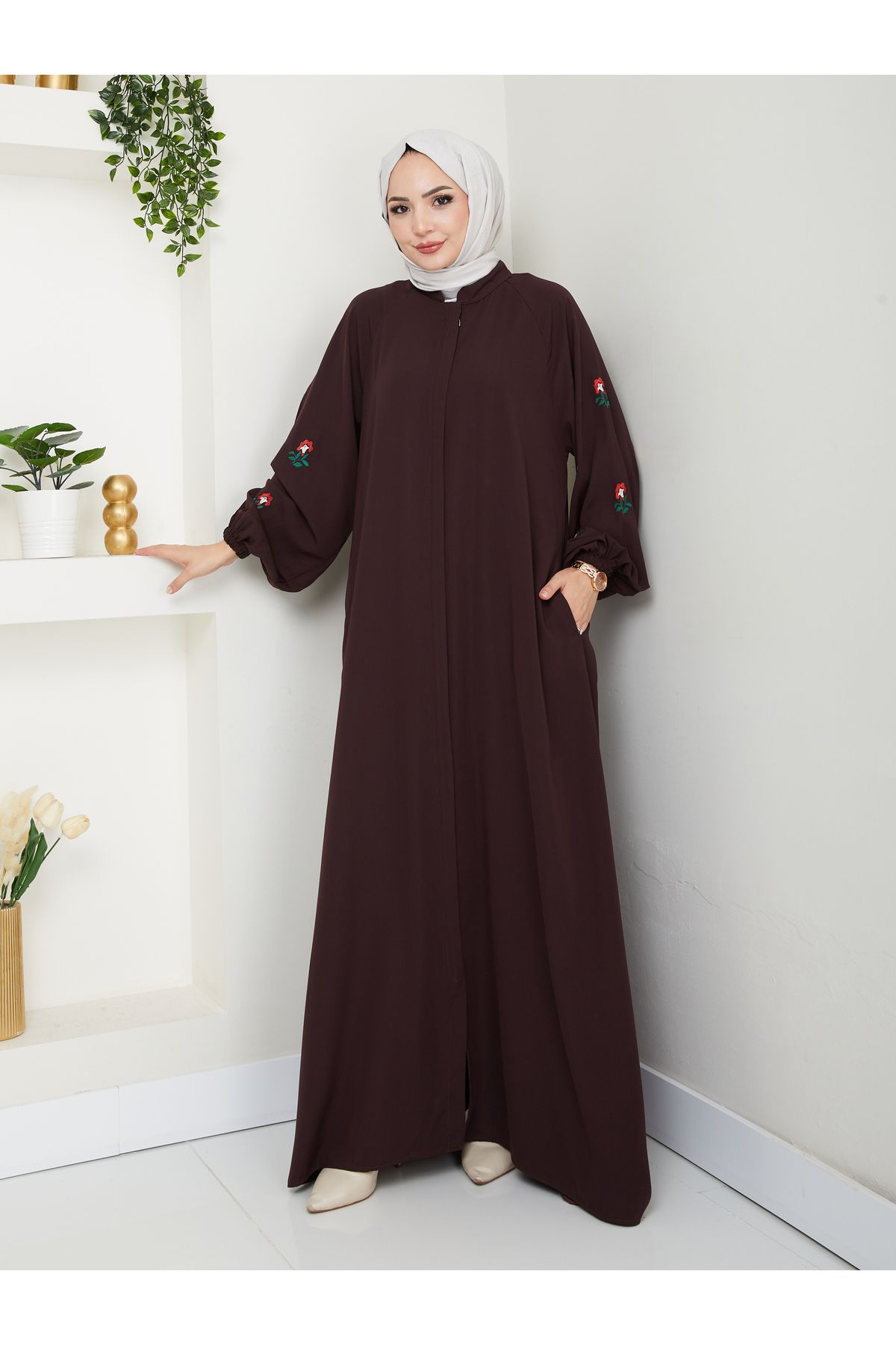 MY QILAM 10NUMARA MODA TESETTÜR GIYIM KADIN ÇIÇEK DESENL MEDINE IPEĞI FERMUARLI CEPLI FERACE Kahverengi ABAYA