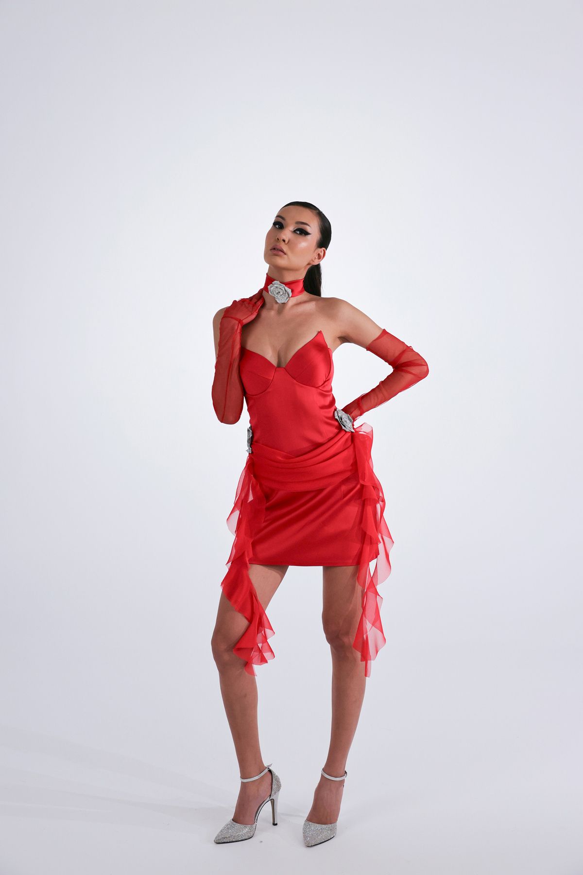 MelissaYilmazDesigns Kırmızı Saten Straplez Mini Elbise - Düğün, Nişan, Mezuniyet ve Özel Günler
