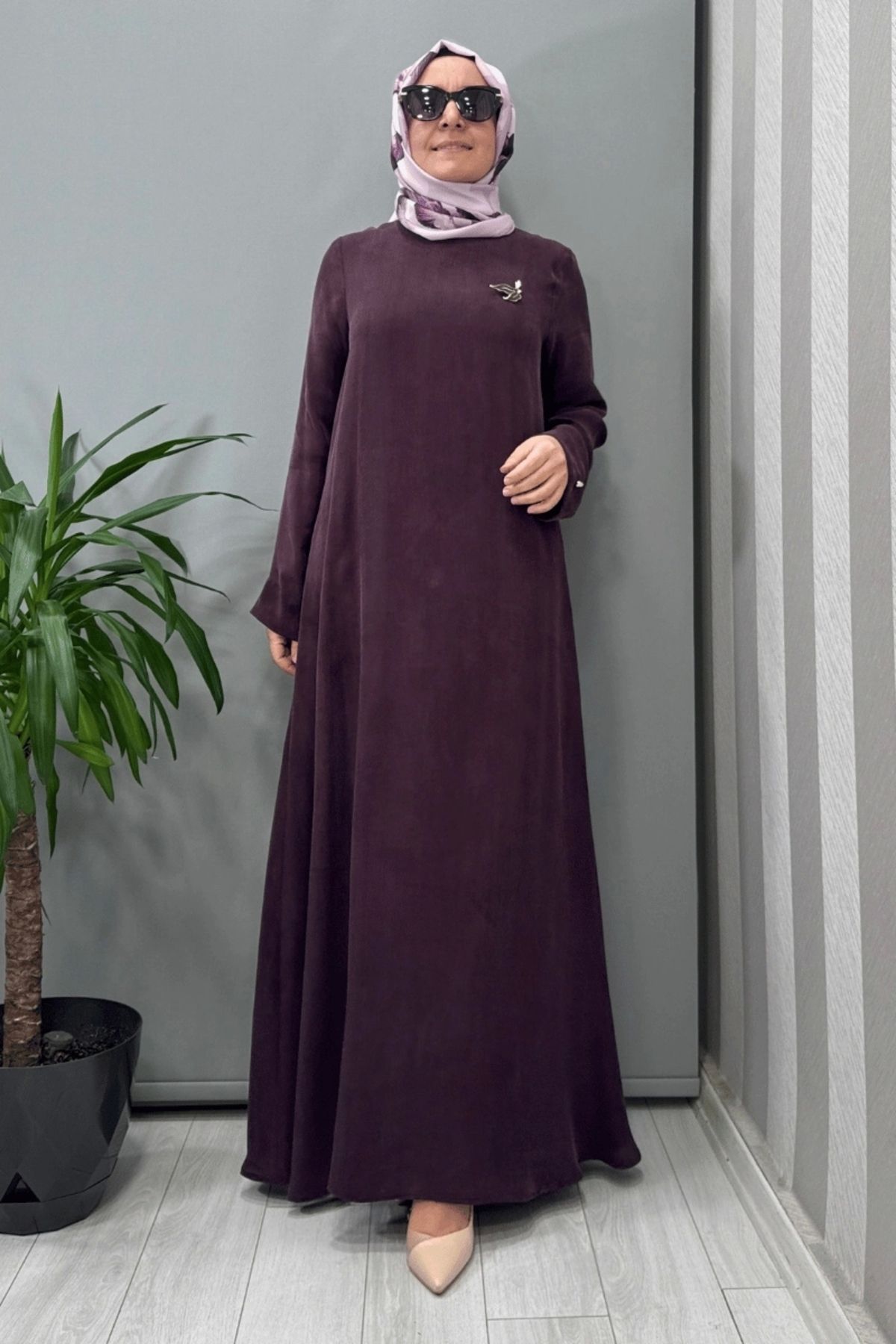 MISS DALIDA Broş Detaylı A Kesim Cupro Elbise Bordo T25Y-4042