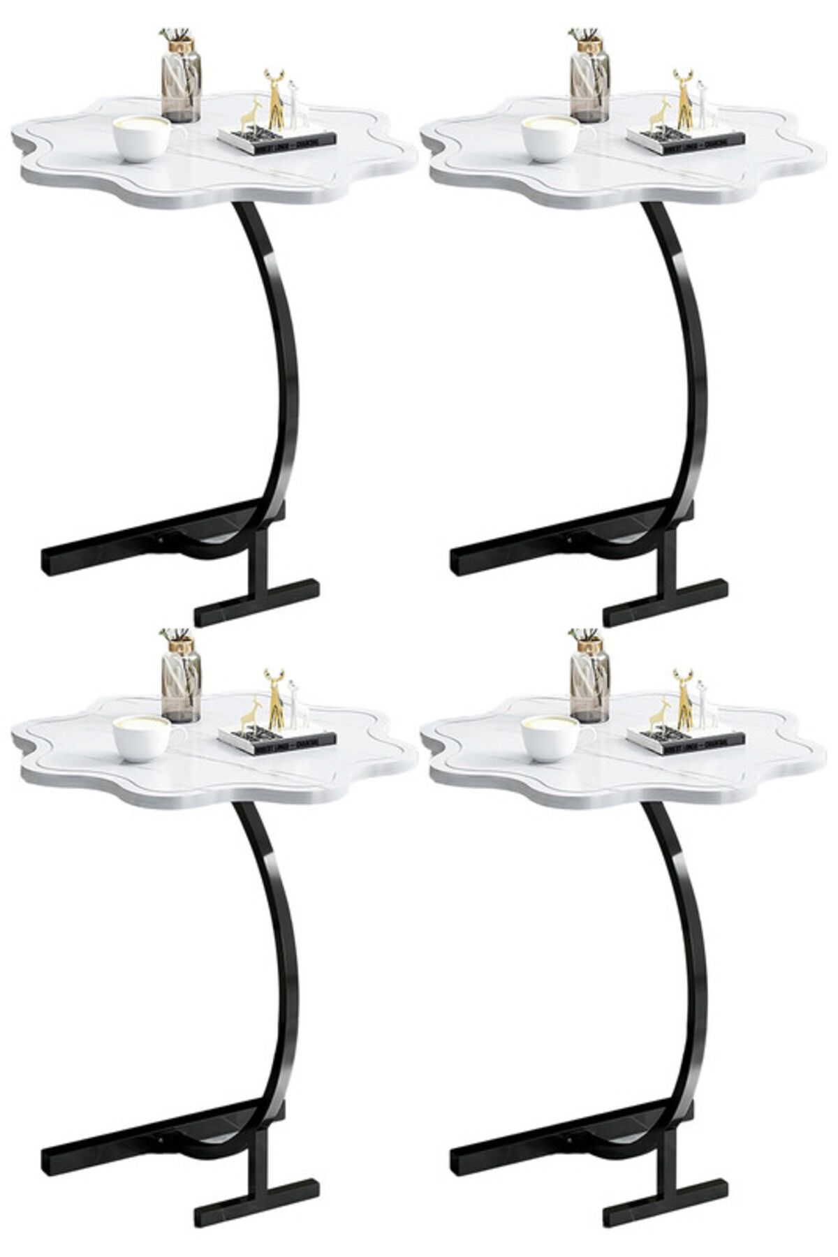 Generic-4-Pieces Modern Coffee Table C-Shaped Side Table with Wood Top in Flower Shape and Metal Frame White 1