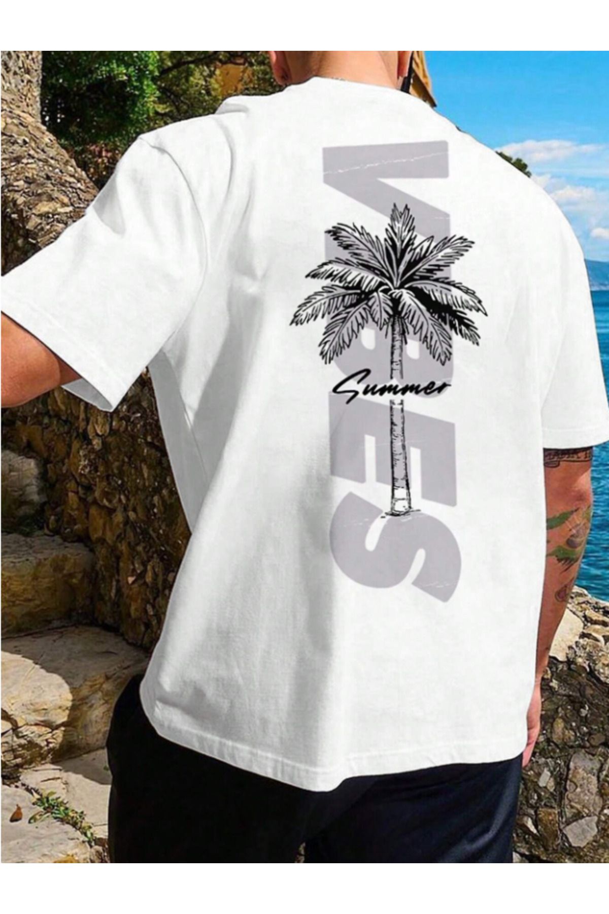 Framgan Erkek SUMMER VİBES Özel Baskılı Günlük Kısa Kol Bisiklet Yaka Pamuklu T-Shirt