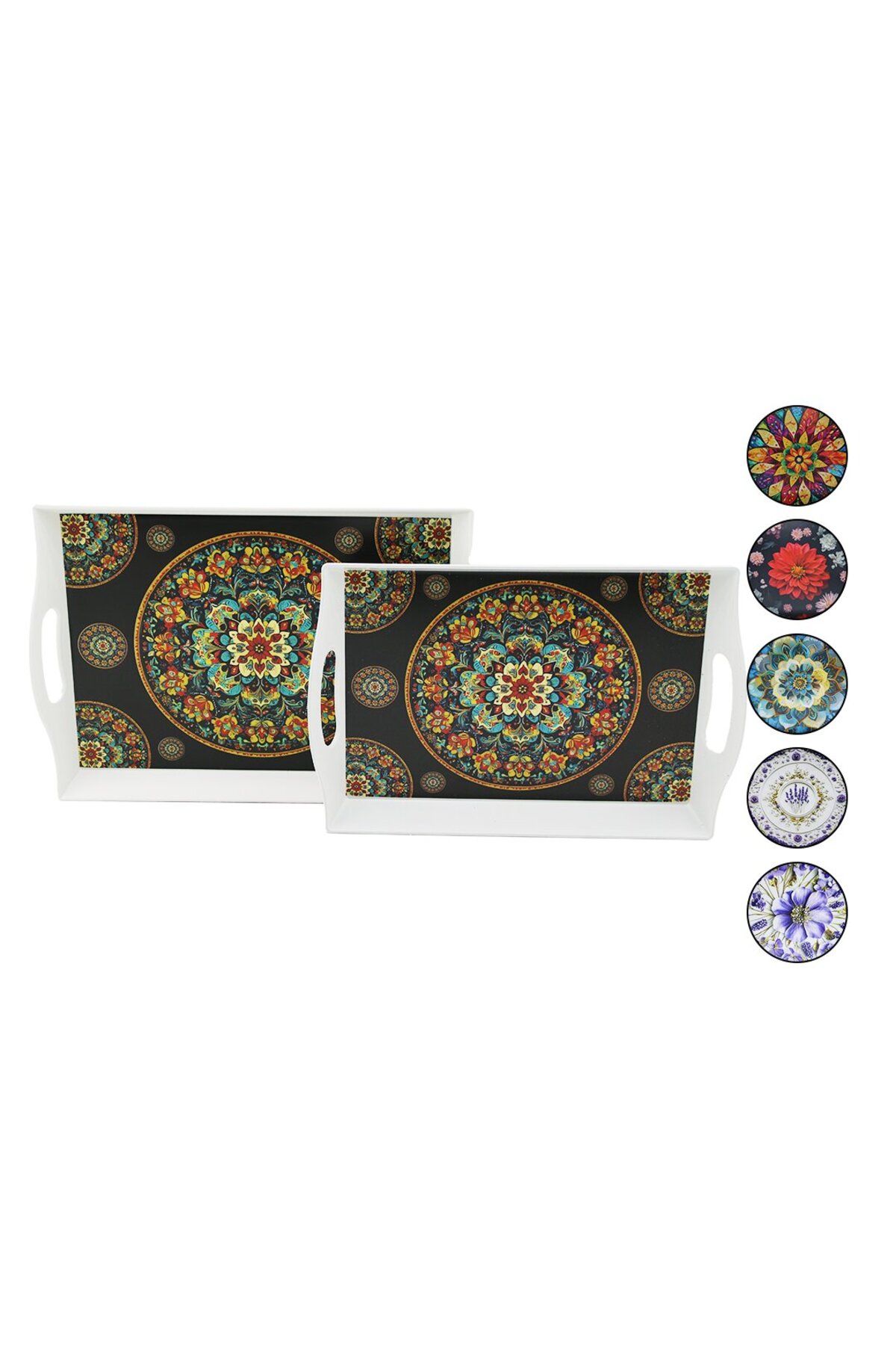 STOREMAX nffastore 2Lİ SET - DİKDÖRTGEN LOTUS TEPSİ KULPLU RENKLİ DESENLİ 22.2X30.4CM - 25.5X33.8CM St