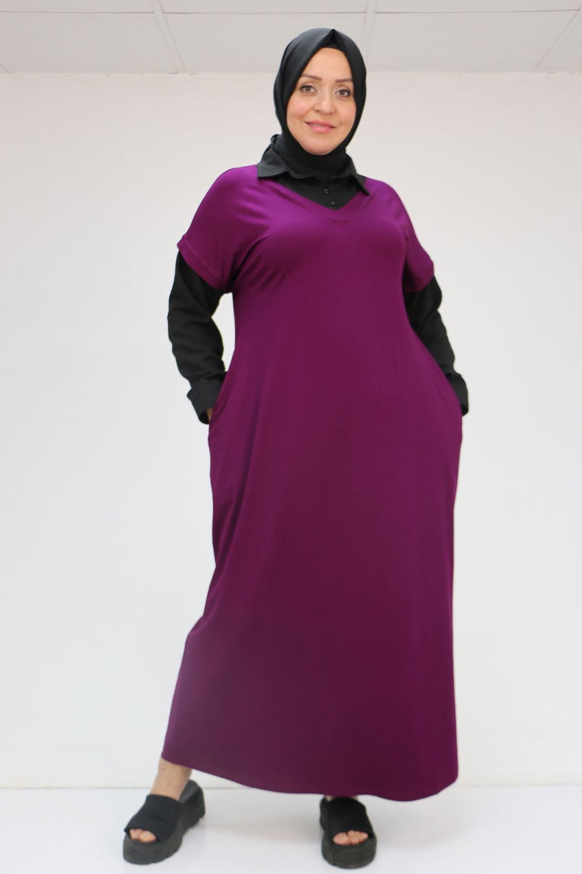 Eslina 52009 Büyük Beden Kol Ve Yaka Garnili Penye Elbise - Mürdüm-Siyah