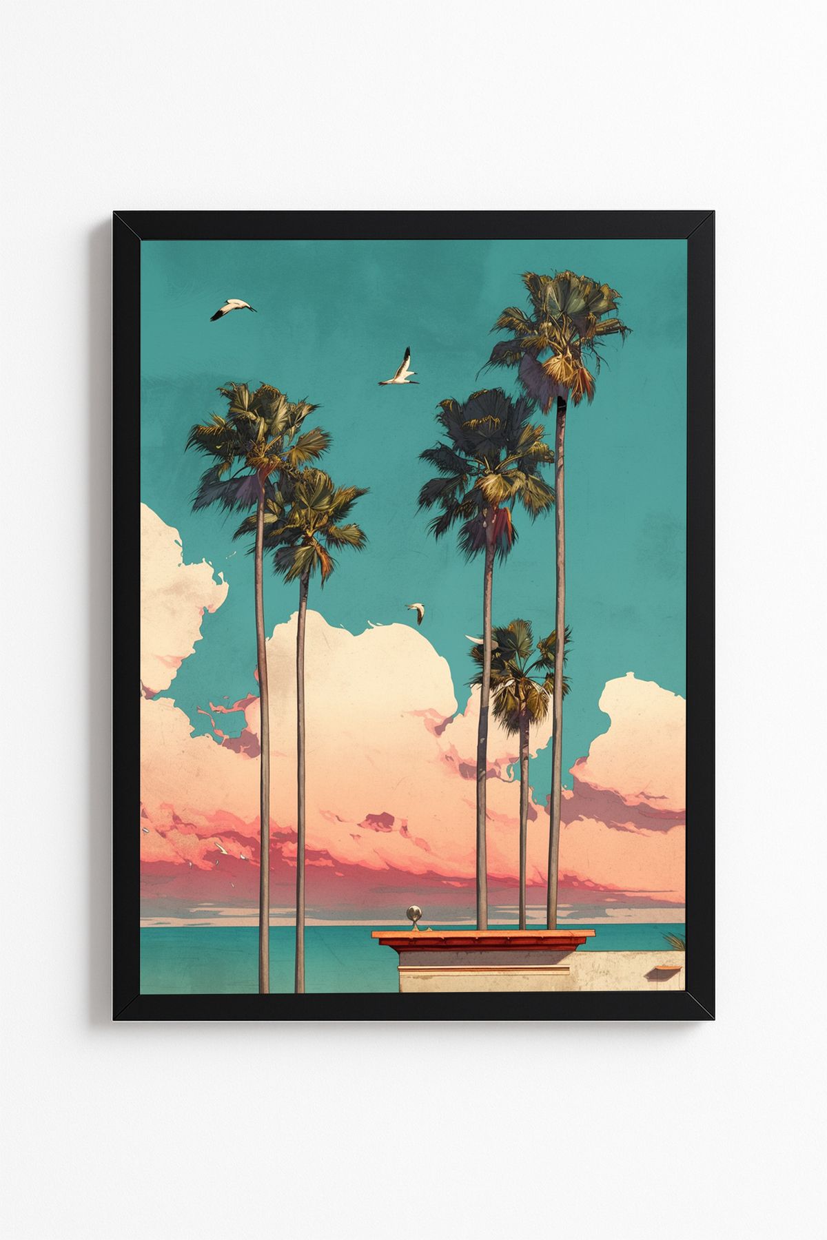 Patte Retro Palmiyeli Yaz Manzarası Poster – Pastel Renkli - Çerçevesiz Poster Yüksek Kaliteli Tablo