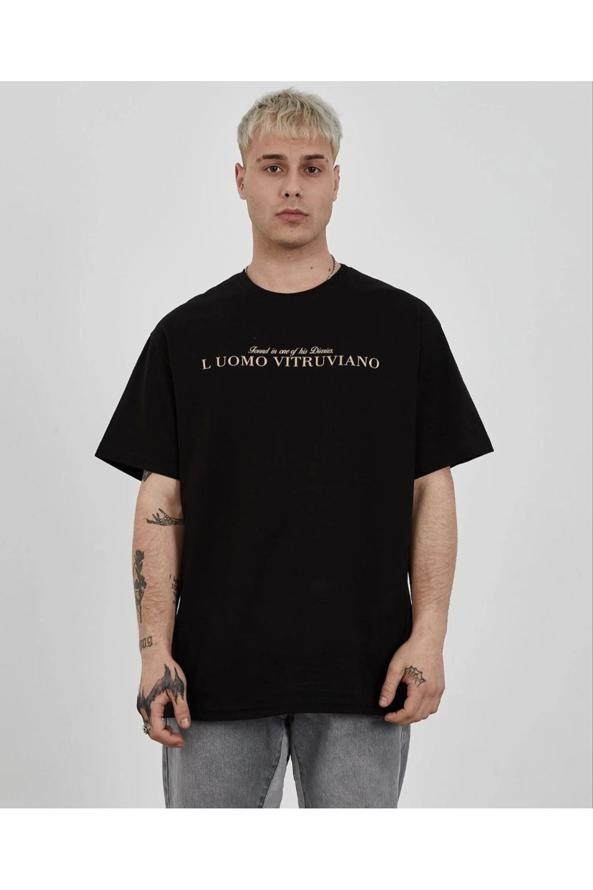 Pink Stil Unisex Bisiklet Yaka Baskılı Oversize T-Shirt - Siyah