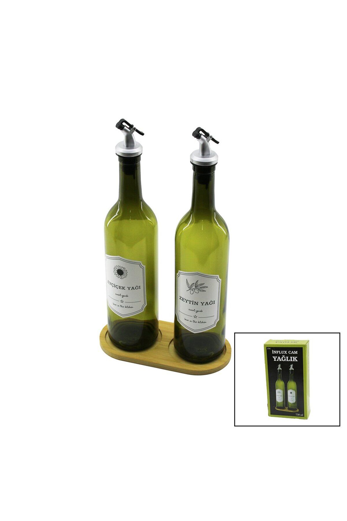 STOREMAX nffastore 2 PCS YEŞİL CAM YAĞDANLIK ŞİŞE 750ML AHŞAP BAMBU ALTLIK PLASTİK KİLİTLİ