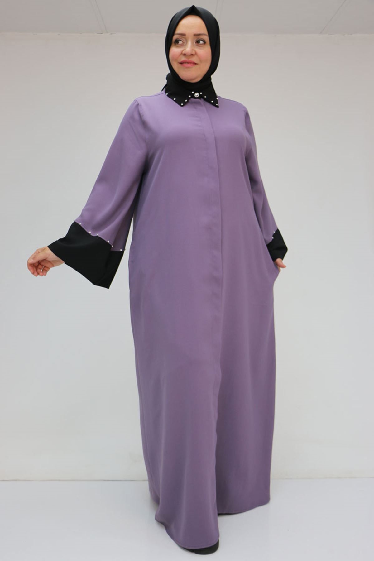 Eslina 56008 Büyük Beden Kol Garnili Etamin Abaya Ferace - Lila-Siyah