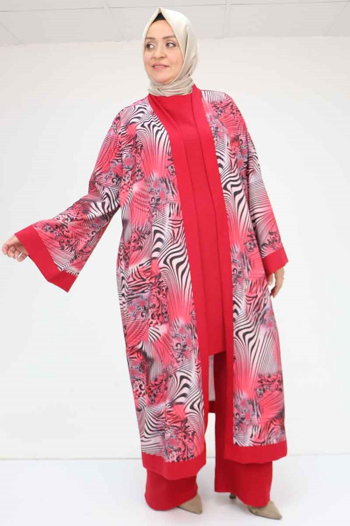 Eslina-57301 Large Size Different Fabric Combination Triple Set - Claret Red 4