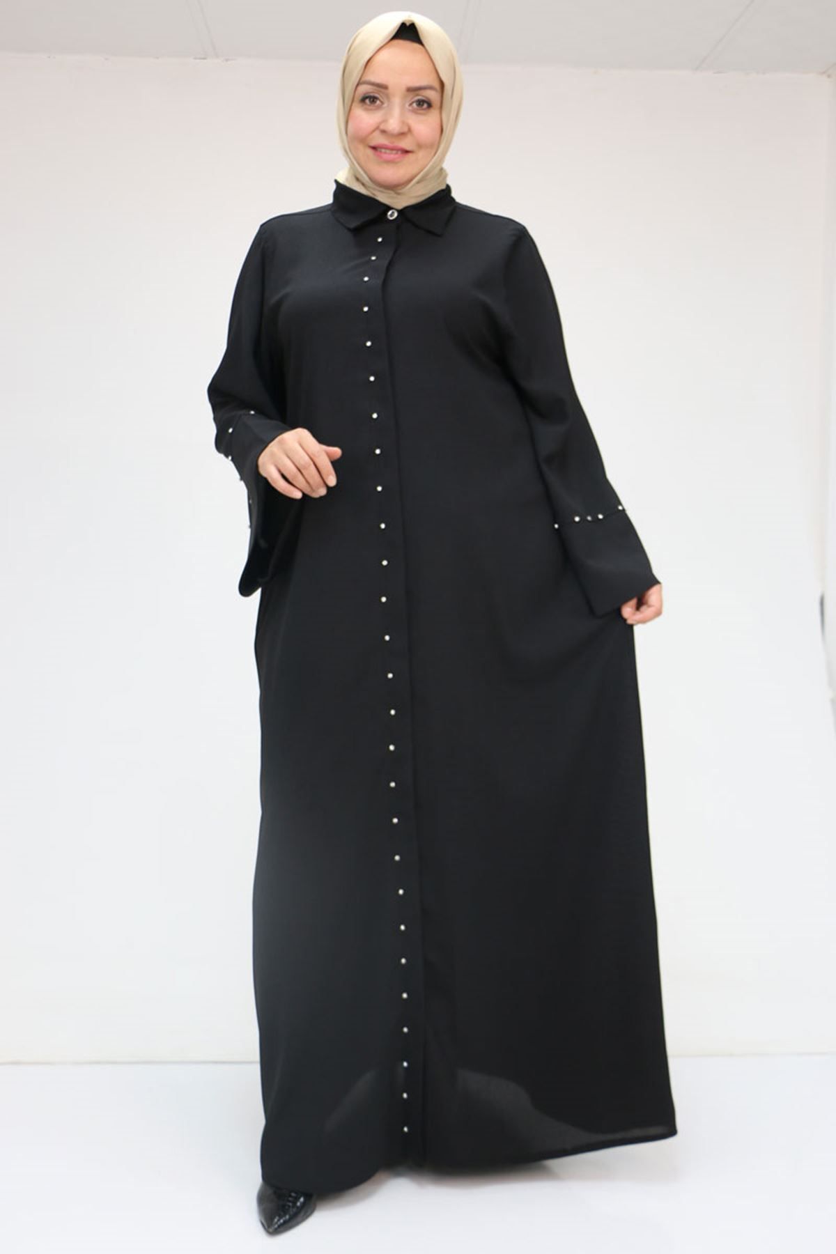 Eslina 56009 Büyük Beden Kol Garnili Etamin Abaya Ferace - Siyah