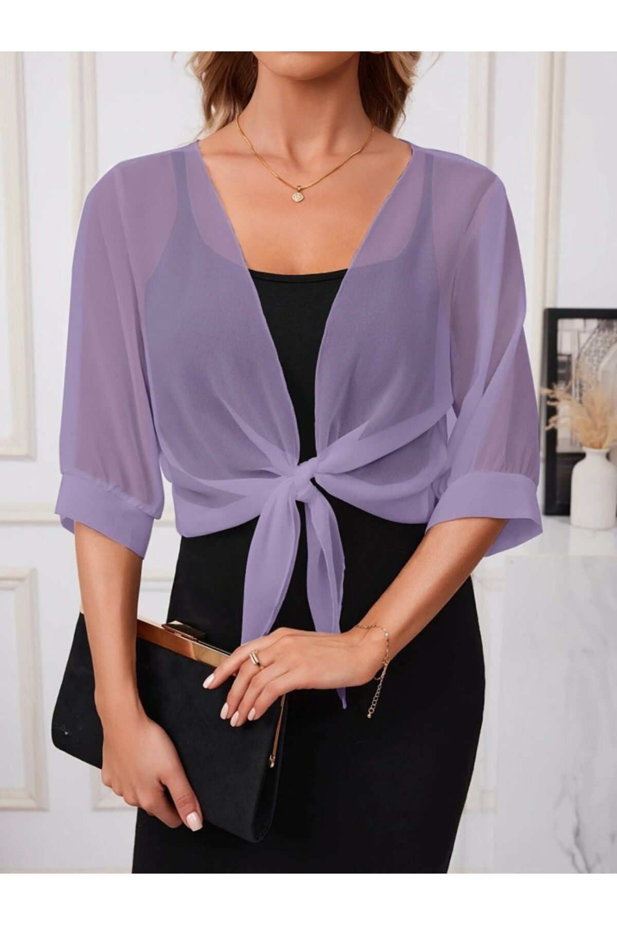 ETİLER COLLECTION Kadın Truvakar Kollu önden Bağlamalı Kısa şifon Bolero Ceket