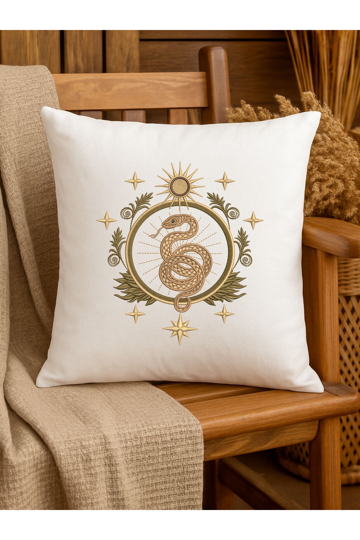 Misue Handmade Nakışlı Kırlent Kılıfı, %100 Pamuk Doğa Dostu, 43x43cm Kırlent Kılıfı, Dekoratif Nakışlı Kırlent
