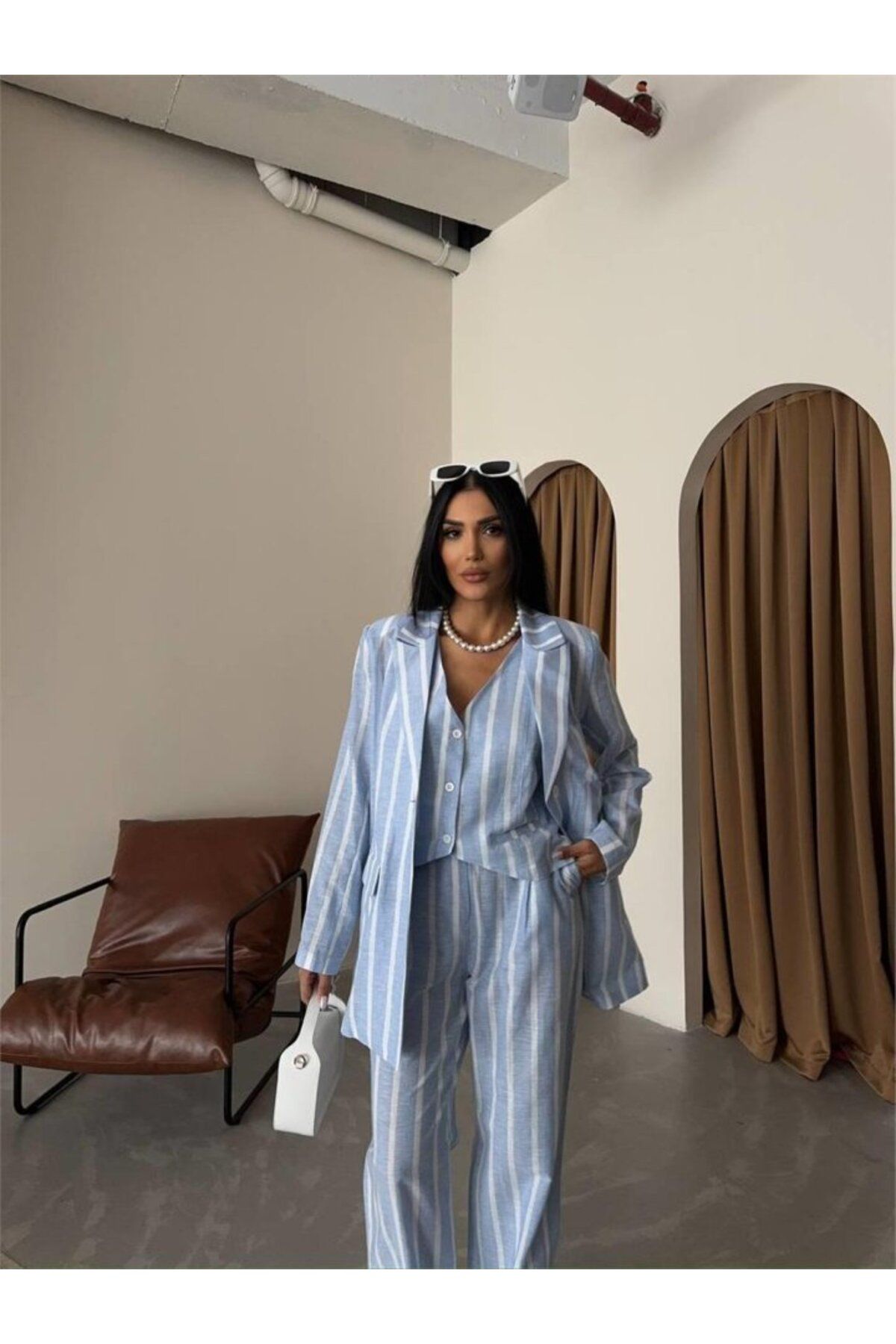 ETİLER COLLECTION ÇİZGİLİ CEKET KETEN - Mavi