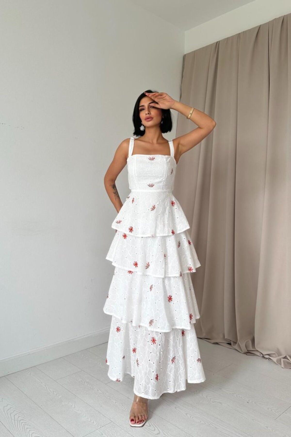 ETİLER COLLECTION Kırmızı Kat Kat Arkası Bağlamalı Elbise