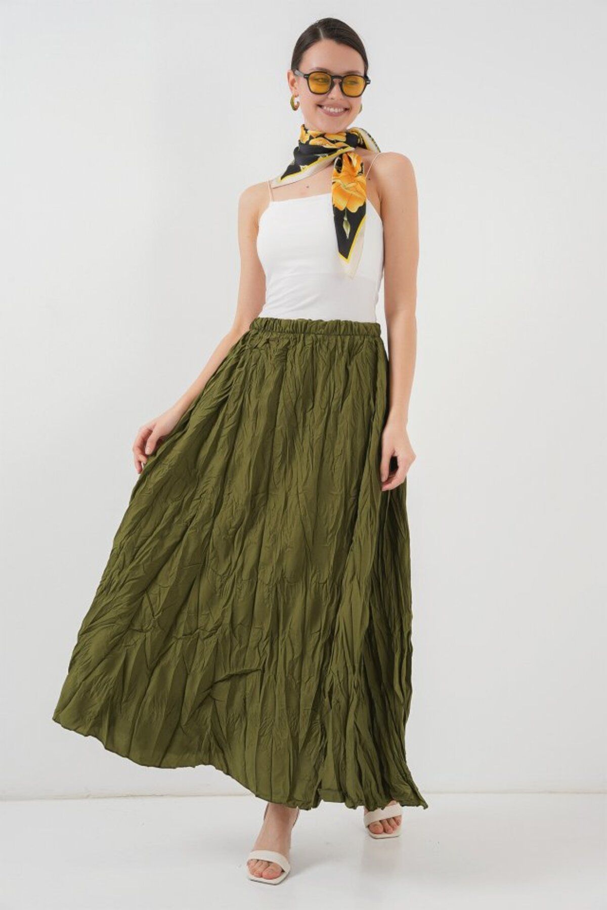 ETİLER COLLECTION Uzun Kırışık Etek 8042 - Haki