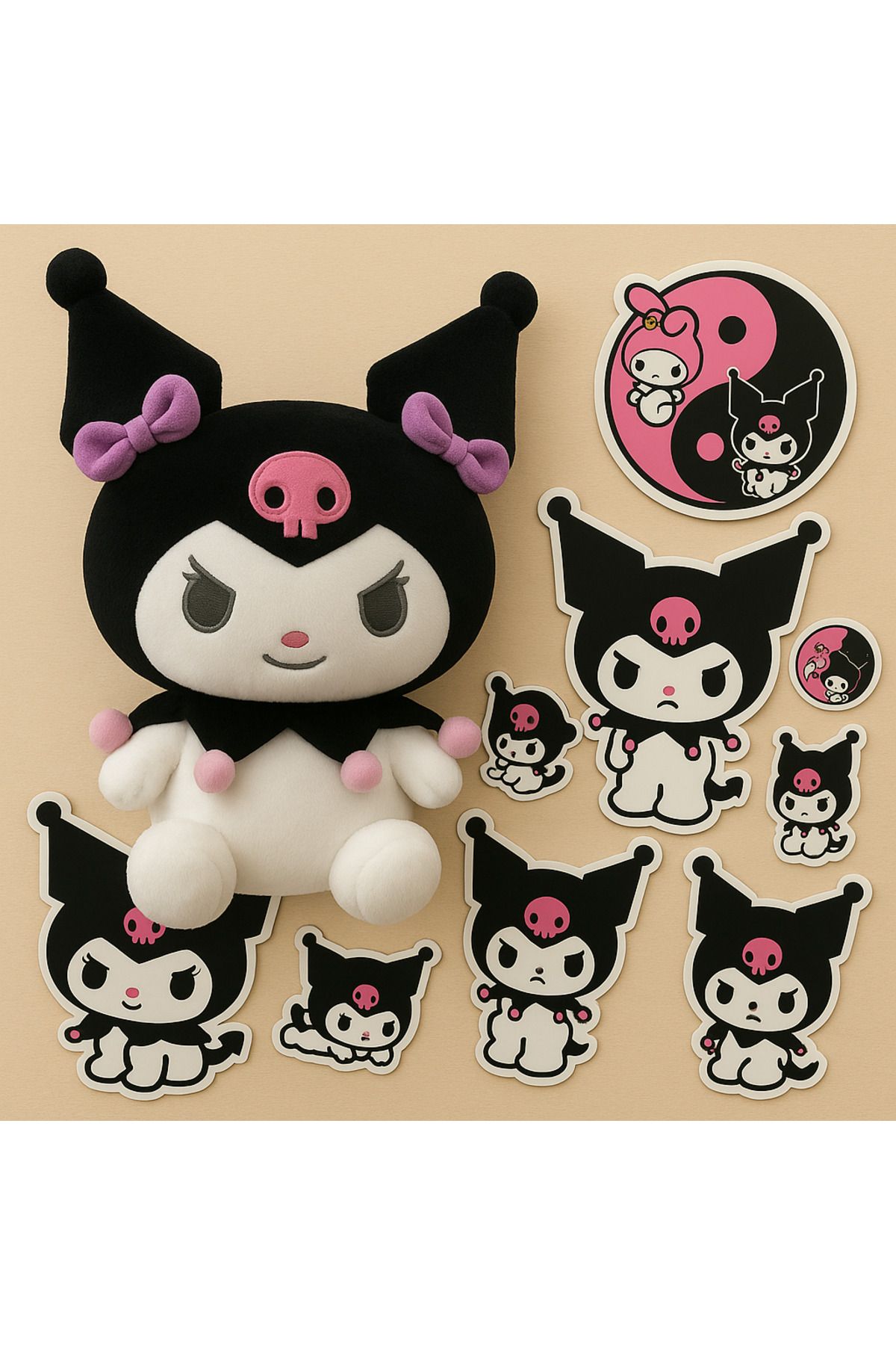 Polly toys Kuromi peluş ve 6 lı ahşap yapışkanlı magnet seti ikisi bir arada geliyor