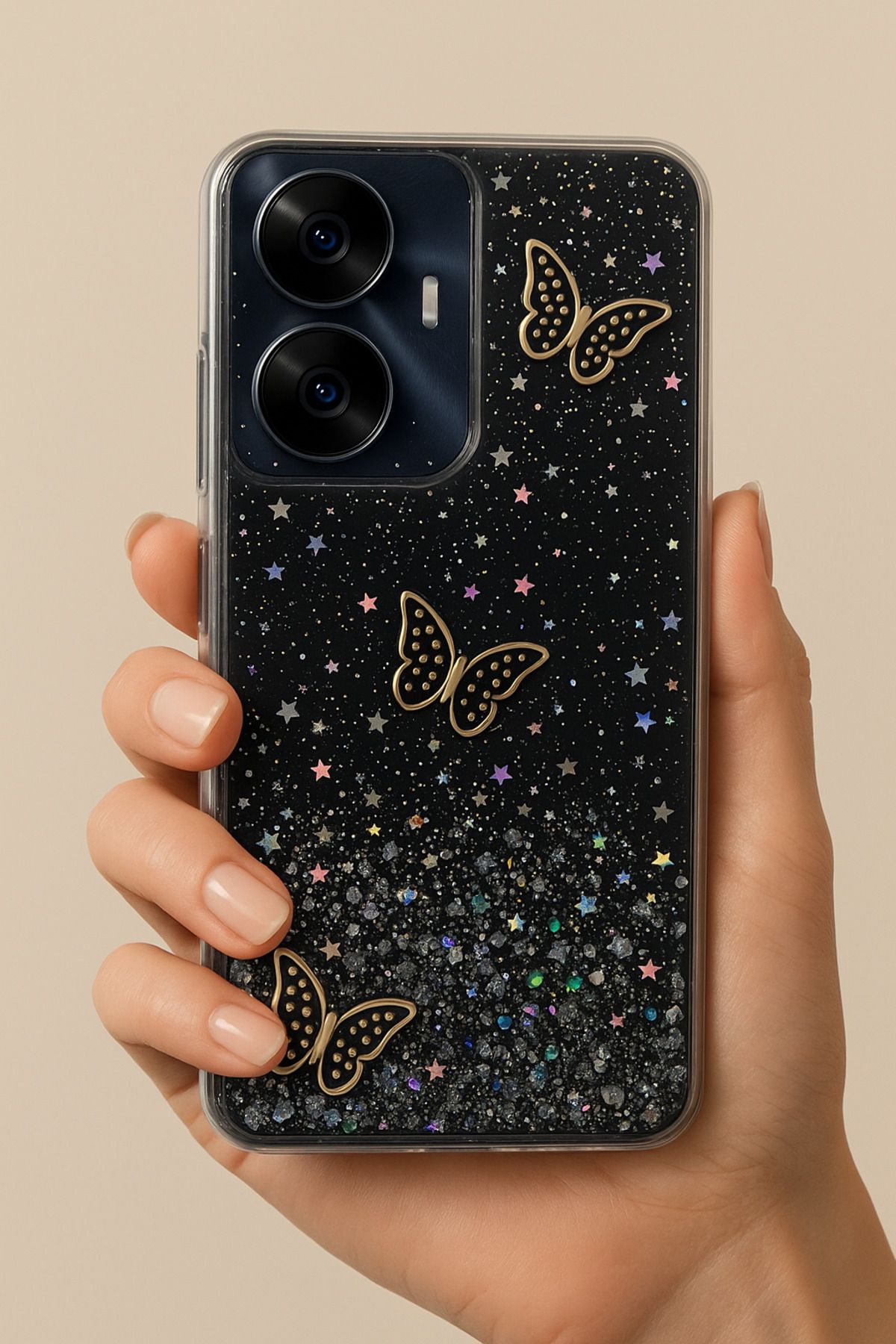 Rivor Realme C55 Uyumlu Kılıf Kamera Çıkıntılı Simli Kelebek Kabartmalı Desenli İnce Premium Kapak