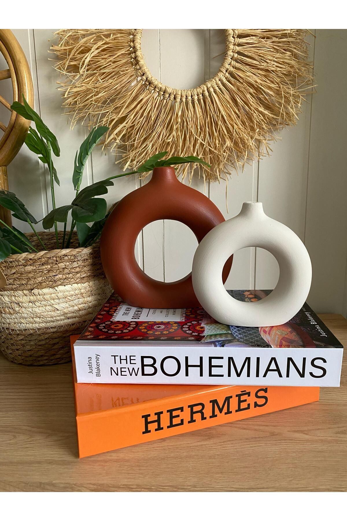 Porselian Bohem Halka 2li Vazo Set (BÜYÜK 18X18CM, KÜÇÜK 14X13,5CM)