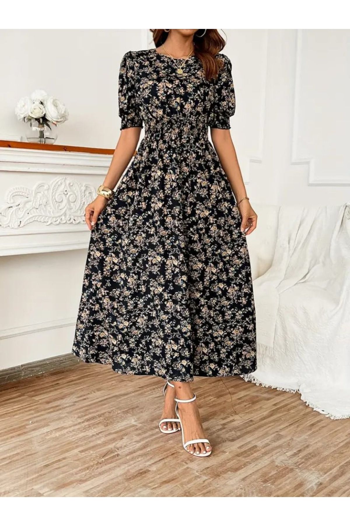 velmorafashion Kadın Yarım Kollu Bisiklet Yaka Kol Ve Bel Gipe Detay Süprem Elbise
