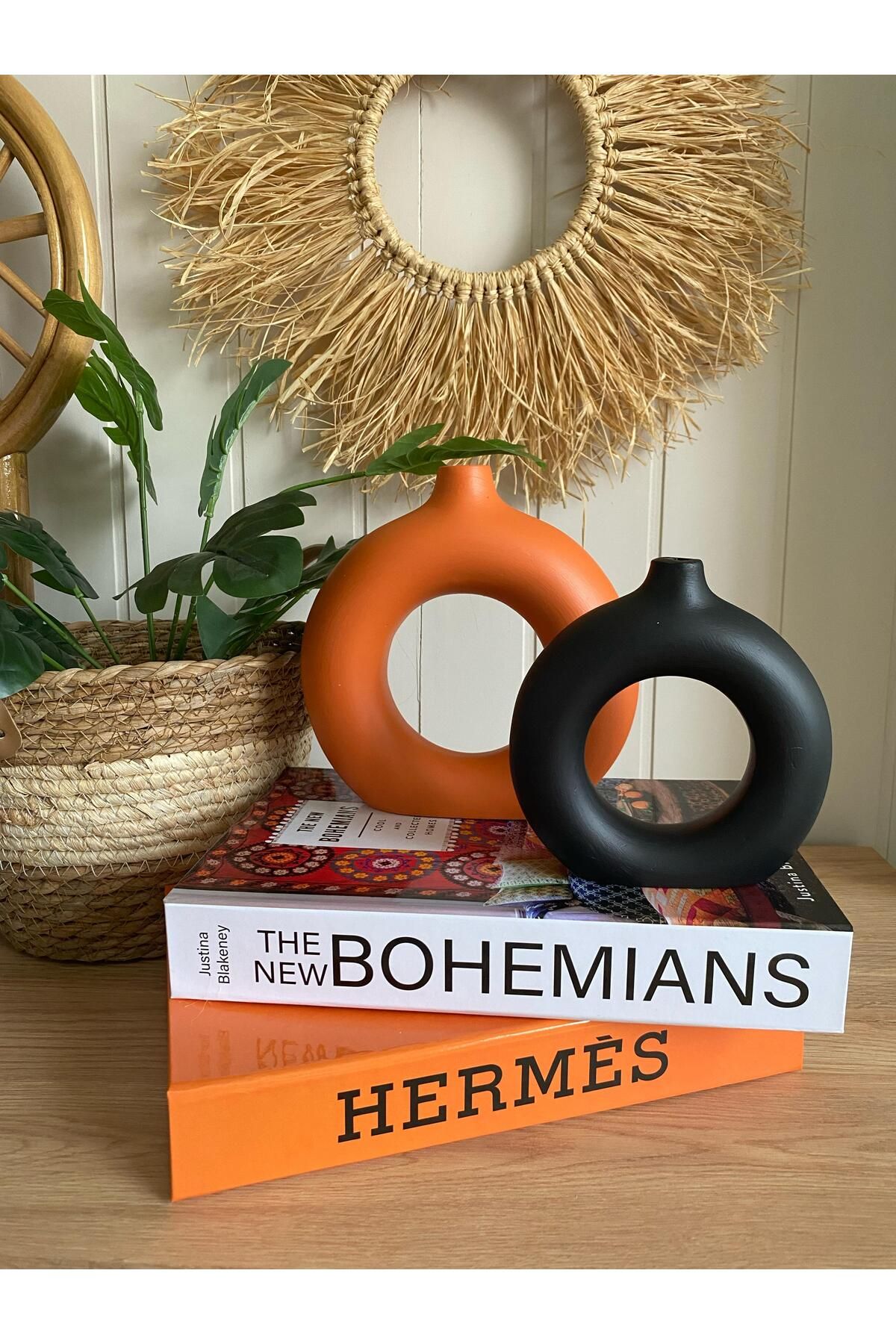 Porselian Bohem Halka 2li Vazo Set (BÜYÜK 18X18CM, KÜÇÜK 14X13,5CM)
