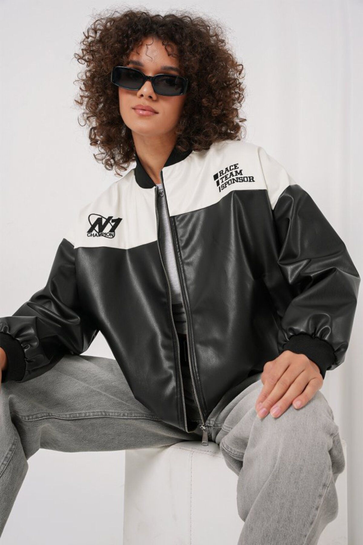 ETİLER COLLECTION 0698 Baskılı Suni Deri Bomber Ceket - Beyaz