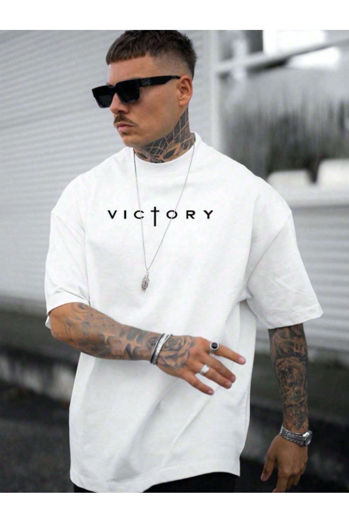 Framgan Erkek VİCTORY 'ZAFER' Özel Baskılı Günlük Kısa Kol Bisiklet Yaka Pamuklu T-Shirt