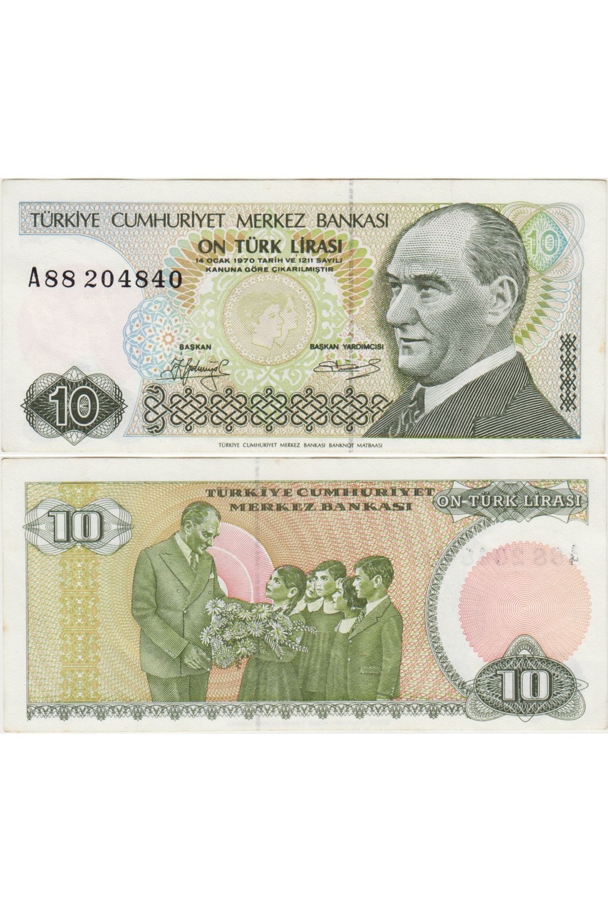 Banknoting TÜRKİYE CUMHURİYETİ 7. EMİSYON 1. TERTİP 10 LİRA SERİ A88 KISA KAŞ. ÇİLALTI+ KONDİSYON.