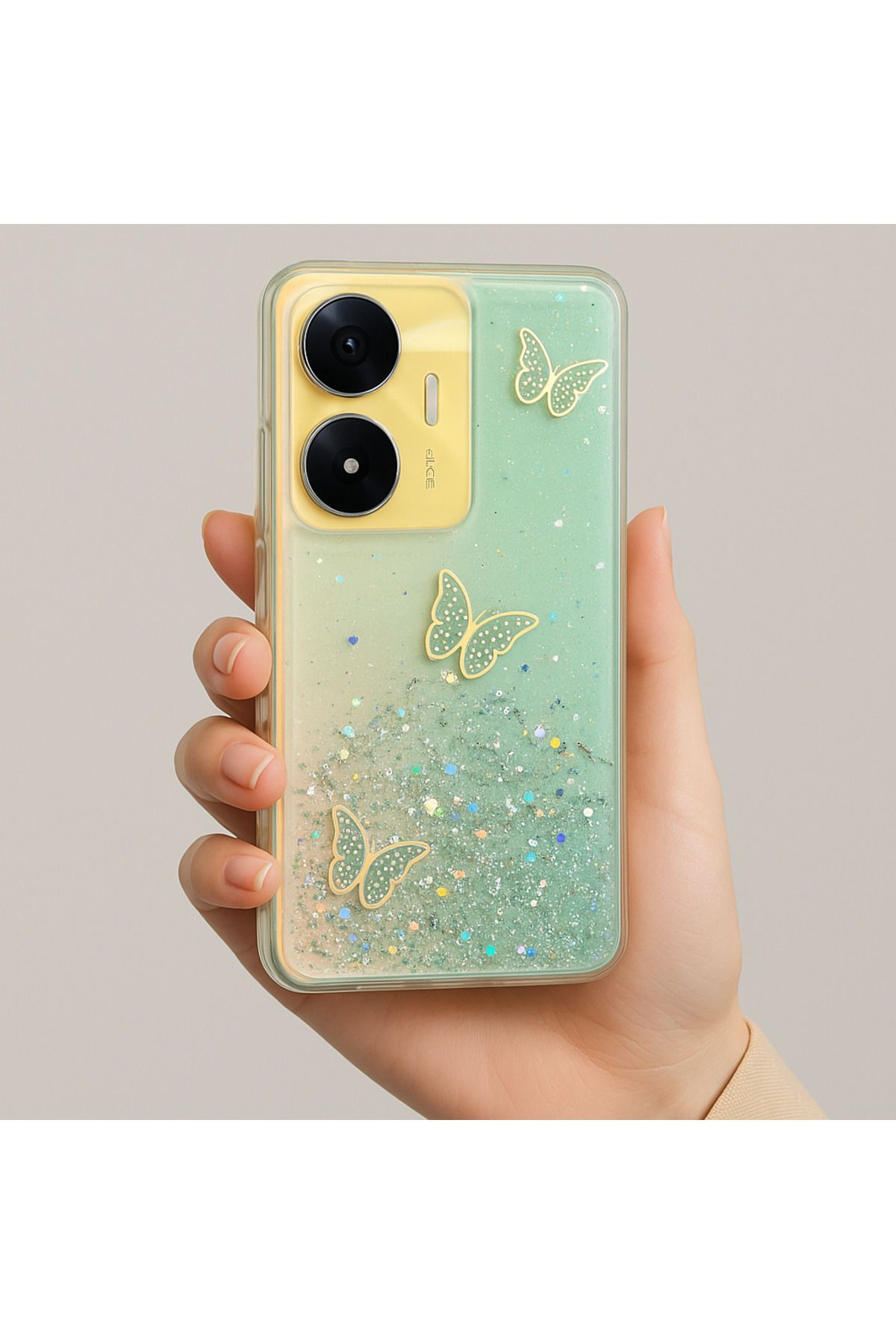 Rivor Realme C55 Uyumlu Kılıf Kamera Çıkıntılı Simli Kelebek Kabartmalı Desenli İnce Premium Kapak
