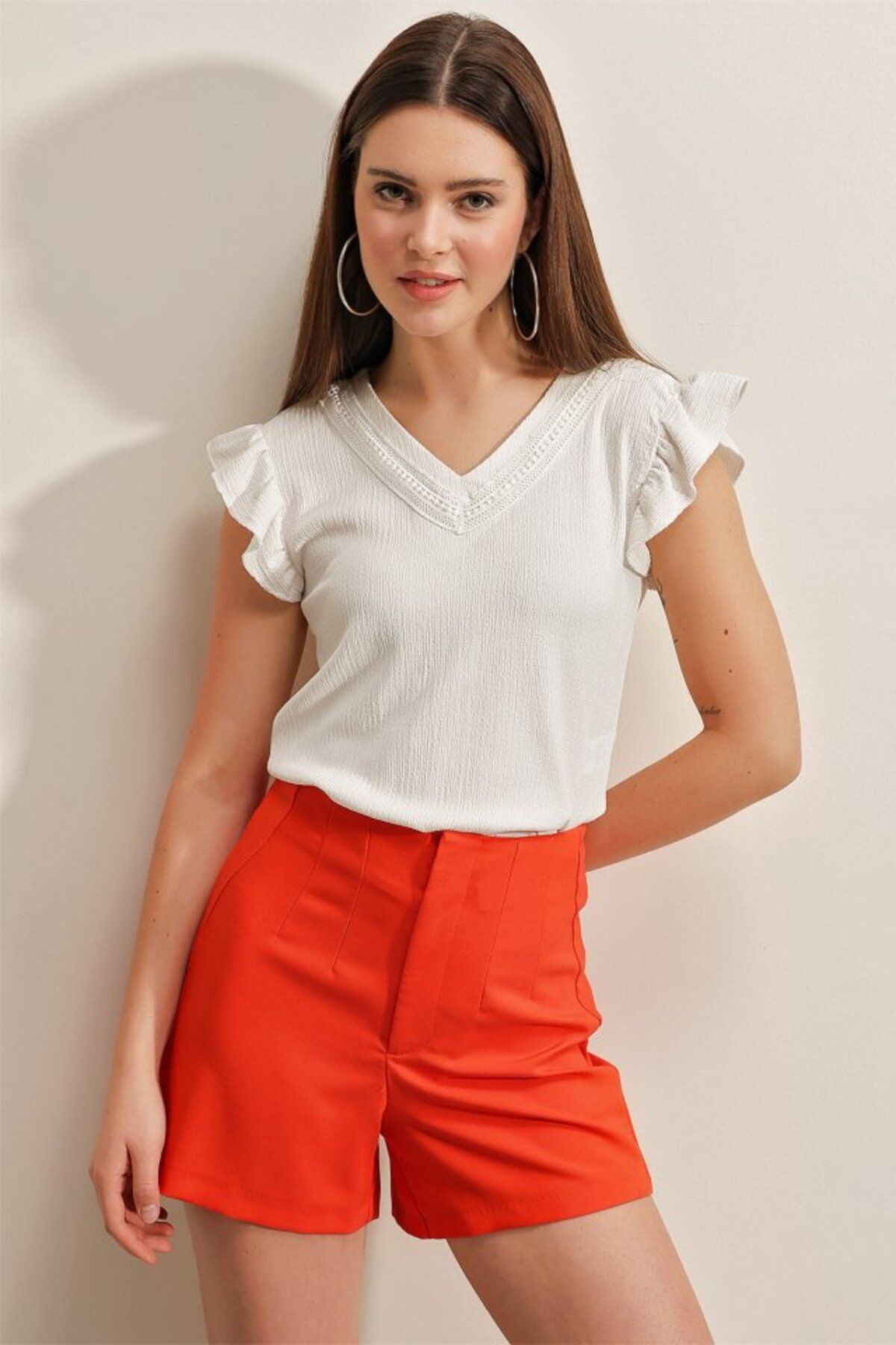 ETİLER COLLECTION 0467 V Yaka Örme Bluz - Beyaz