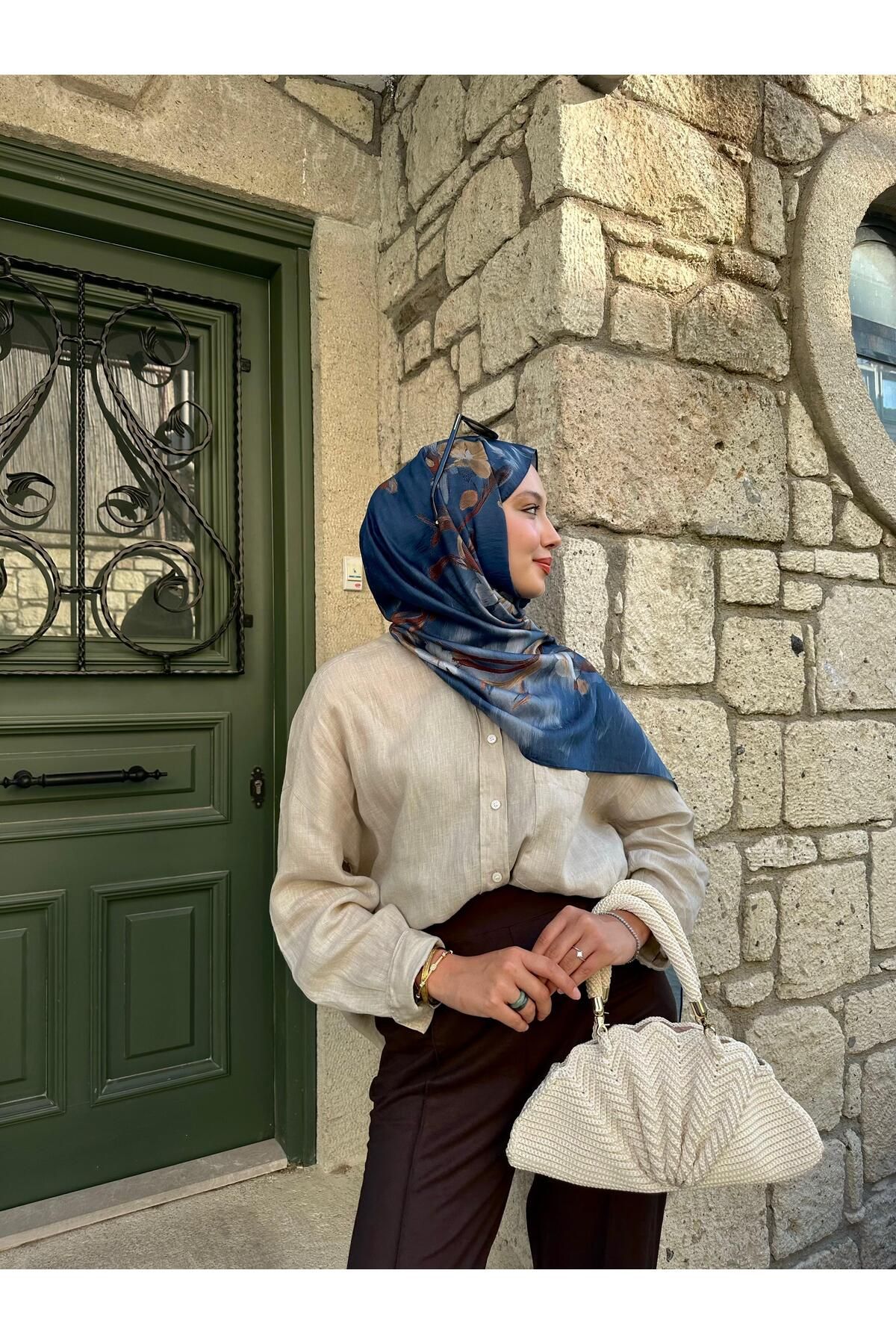 Scarf Tasarım İpek - Zeyna Mavi | Ad Astra Scarf Koleksiyonu İpek Pamuk Karışımı Şal (75x185 cm)