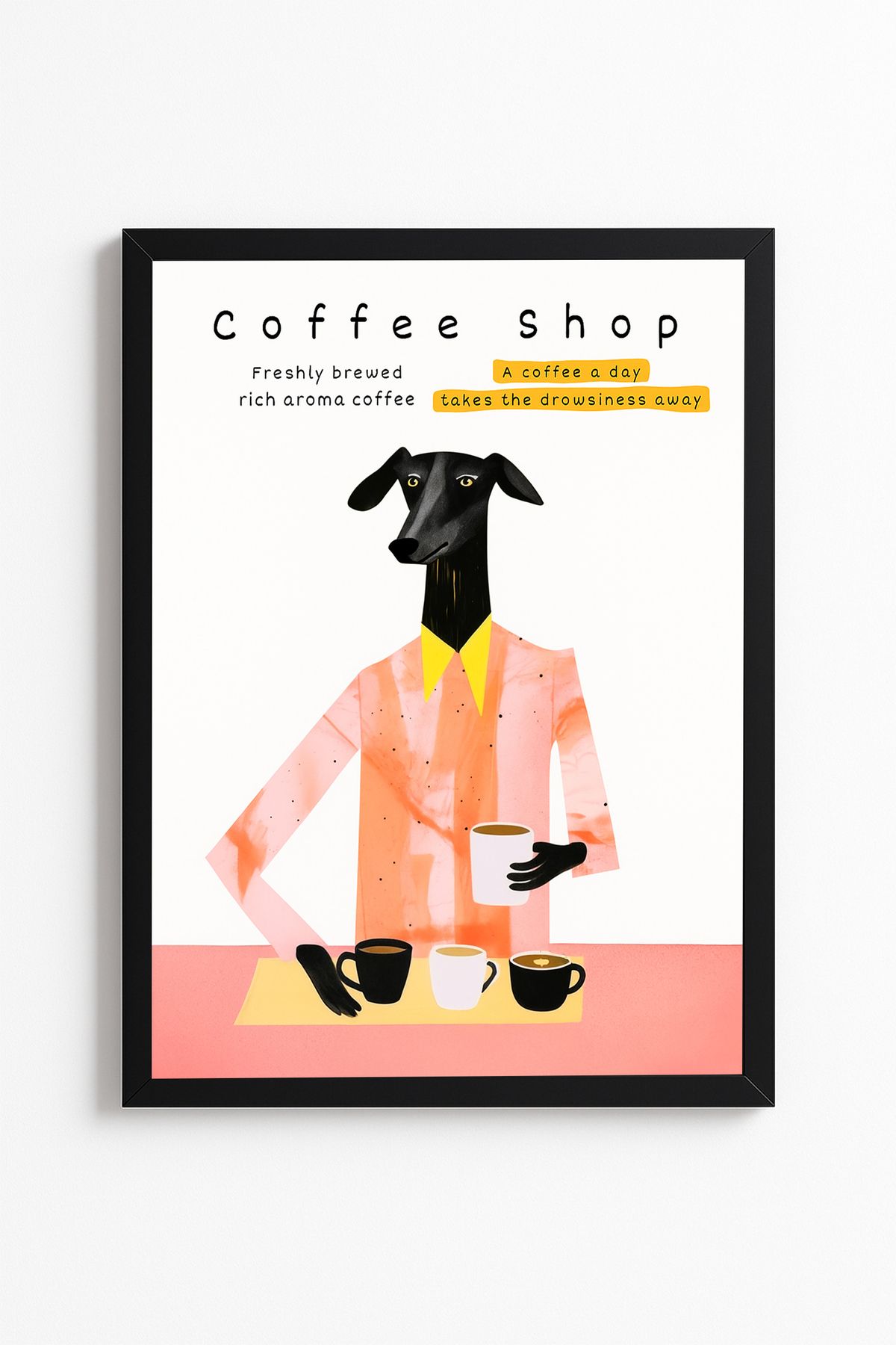 Patte Kahve Temalı Şık Duvar Posteri - Köpek İllüstrasyon - Modern Ev Çerçevesiz Poster