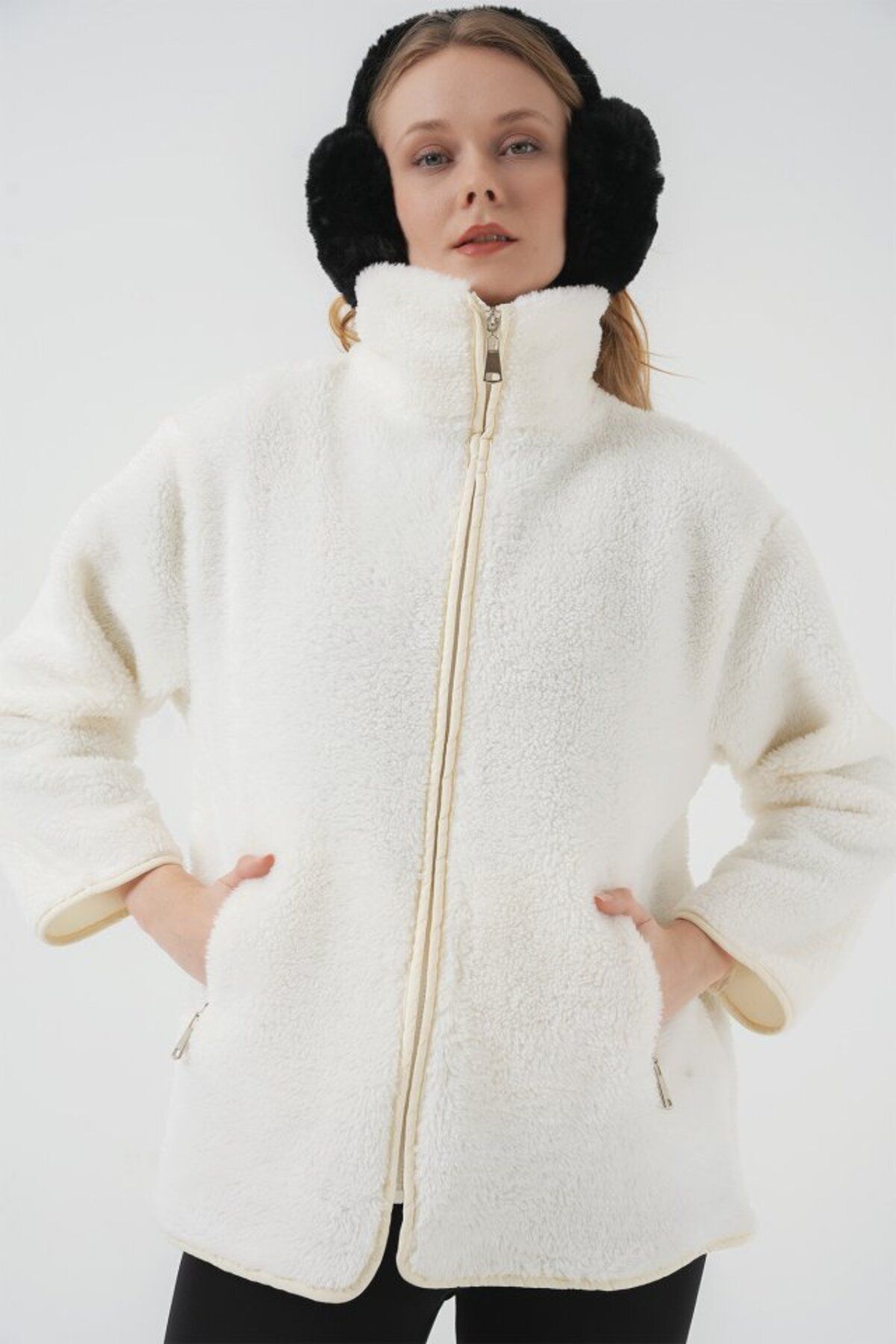 ETİLER COLLECTION 5211 Fermuarlı Peluş Mont - Ekru