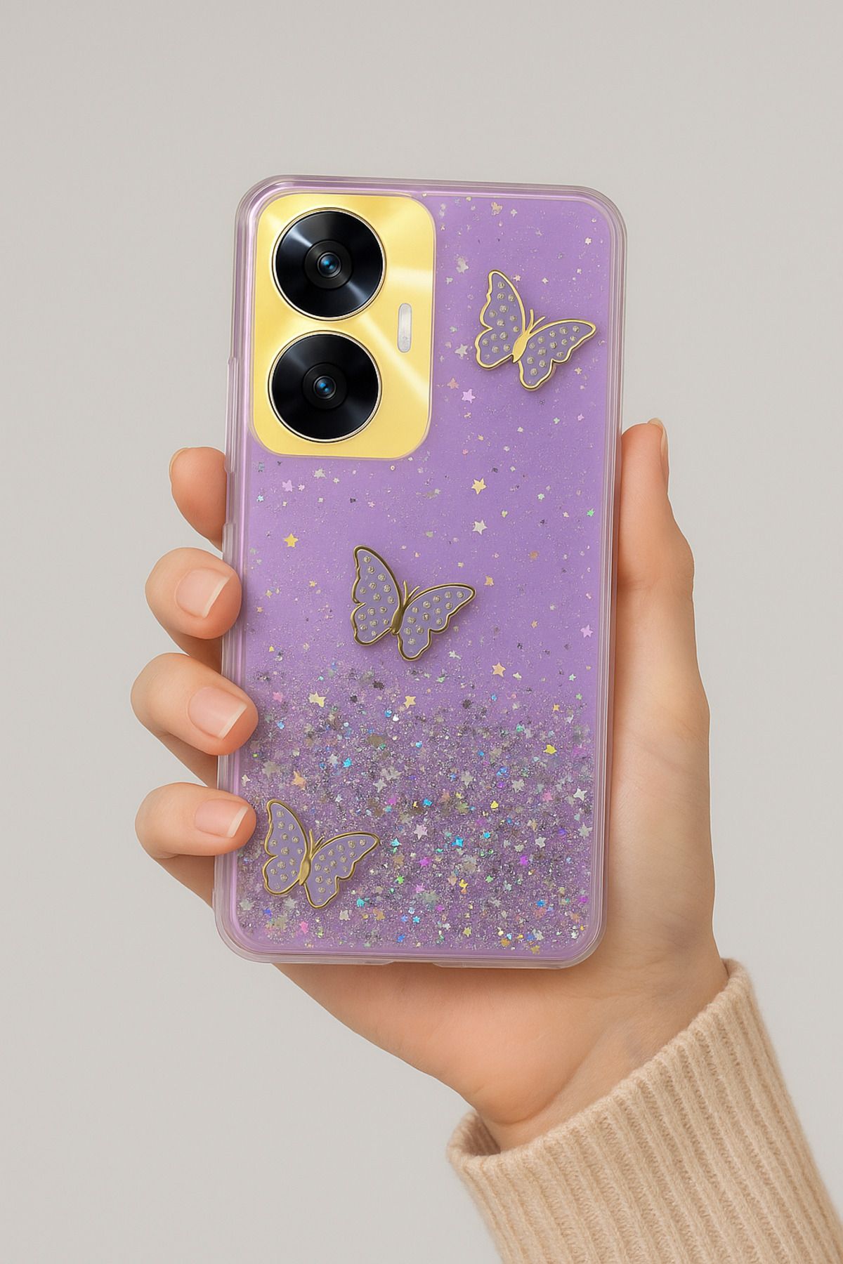 Rivor Realme C55 Uyumlu Kılıf Kamera Çıkıntılı Simli Kelebek Kabartmalı Desenli İnce Premium Kapak